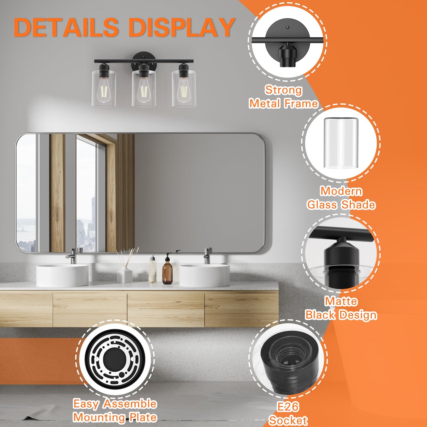 Espird Bathroom Vanity Light Fixtures Matte Black Bathroom Lighting Fixture, 3 Lights Bathroom Light Fixture Over Mirror, Modern Black Vanity Light