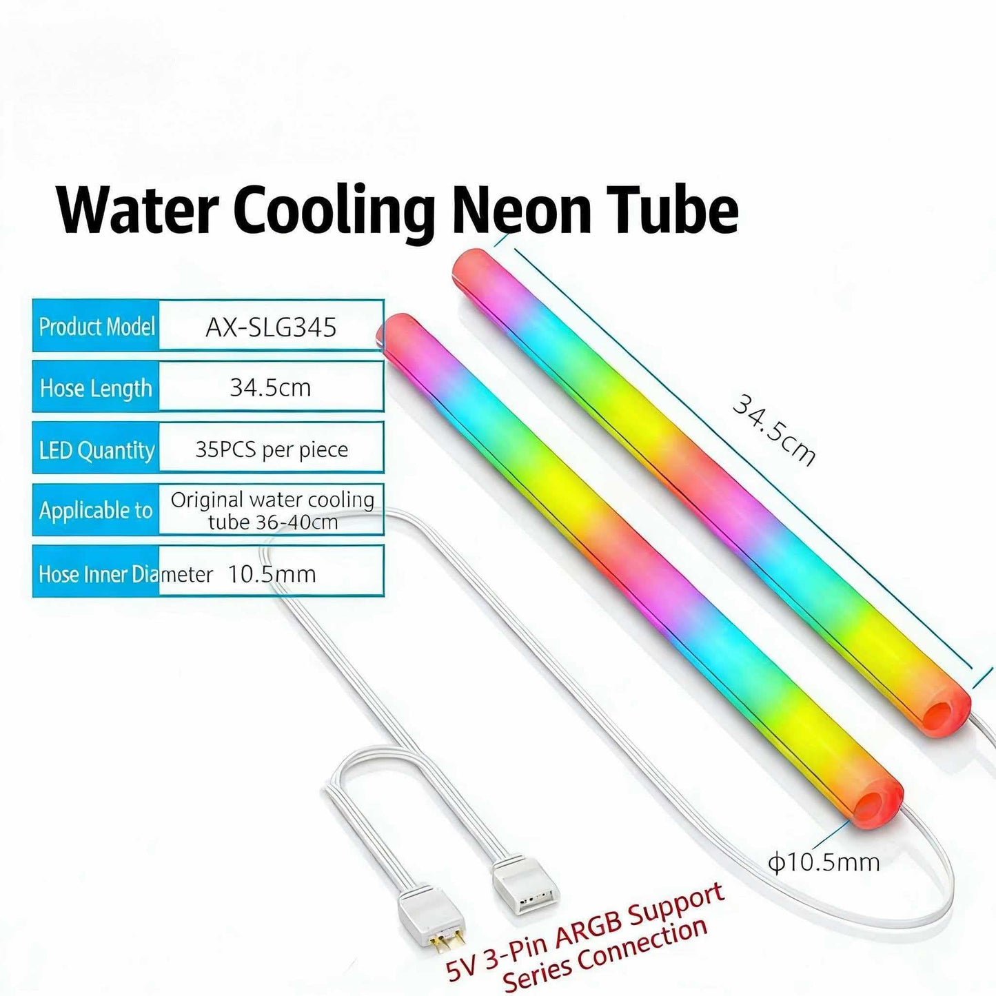 ARGB Water Cooling Neon Strip for PC ,2-Pack 34.5cm, 5V 3PIN Addressable RGB (Aura Sync/Mystic Light Compatible), Fits 10.5mm ID Soft Tubes