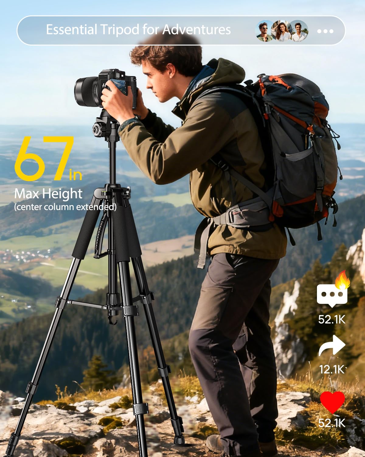UBeesize 67” Camera Tripod with Travel Bag, Cell Phone Tripod with Bluetooth Remote and Phone Holder, Compatible with All Cameras, Cell Phones