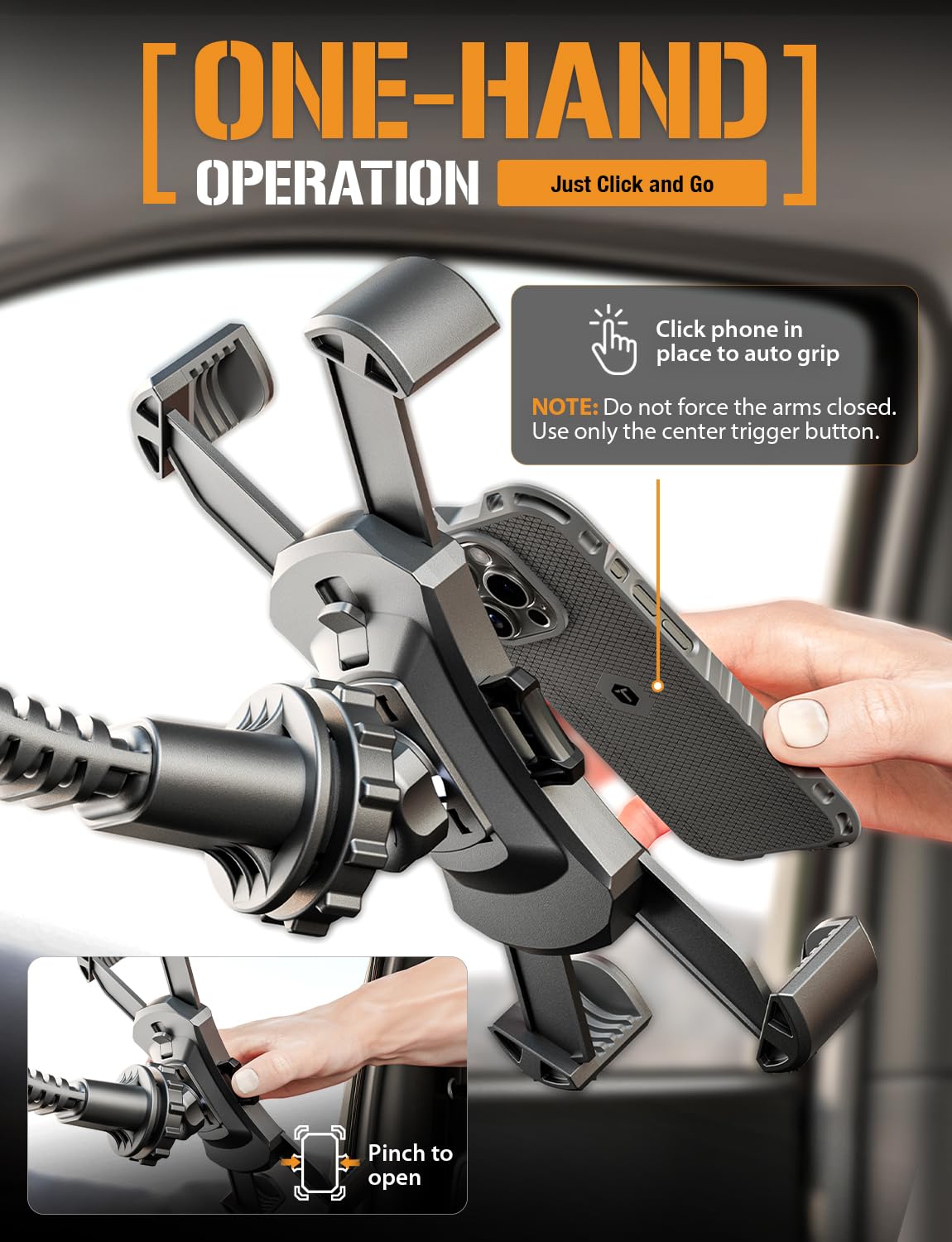 ToughTested Mammoth Truck Windshield Phone Mount, Vibration Absorbing Car Phone holder with One-hand Quick Release, Double-ribbed Gooseneck