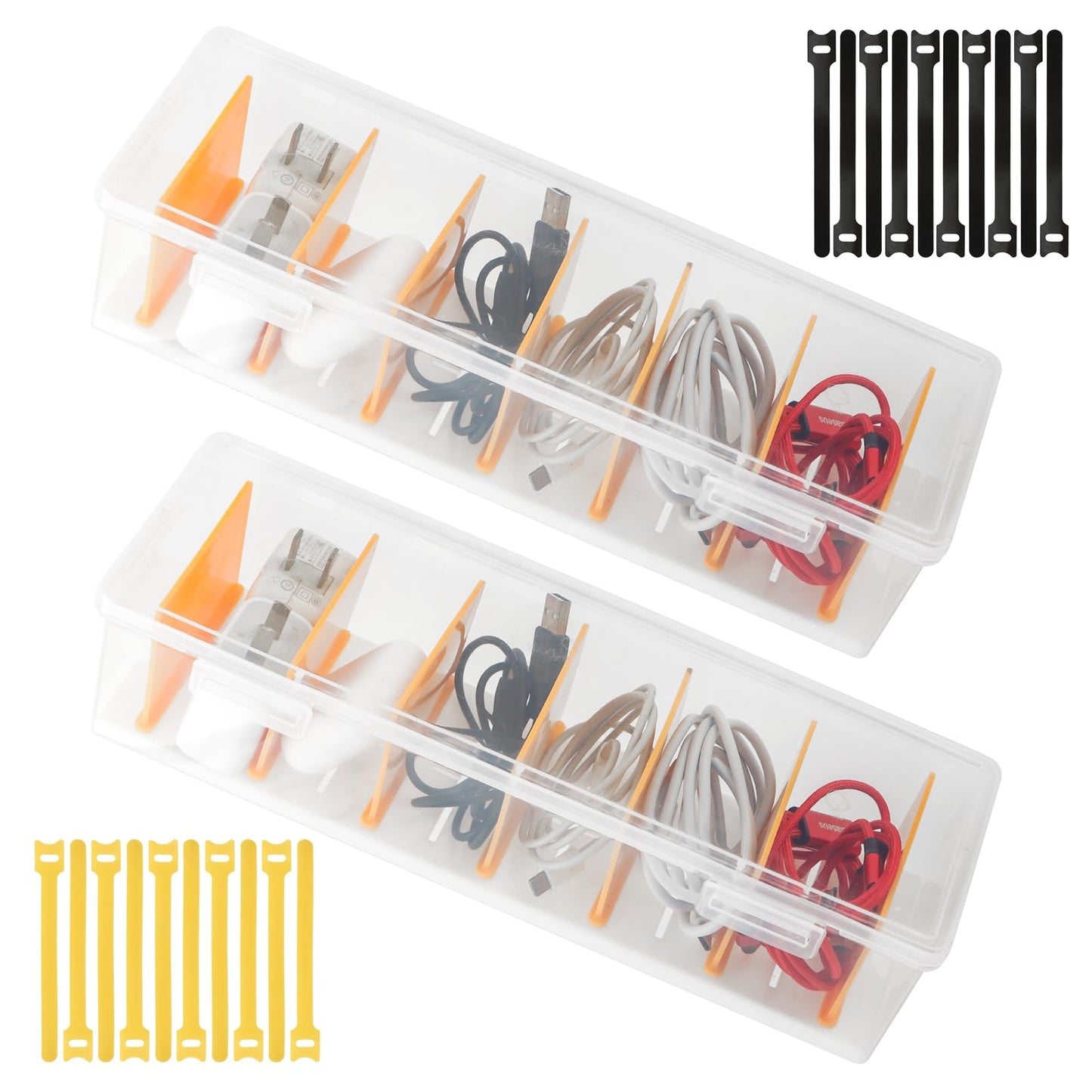 2 Pack Cable Organizer Storage Box with 20 Cable Ties For Drawer,Storage Box Digital Accessories Key Jewelry(Transparent)