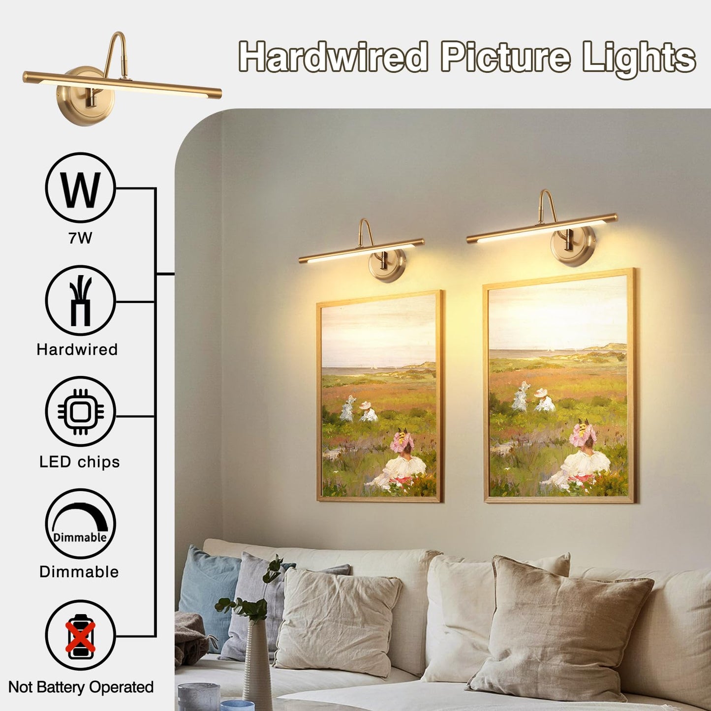 JOOSENLUX Dimmable Picture Lights - Modern 7W LED Wall Sconces for Paintings, 16.54" Long, 3000K Warm Light, Brass Golden Finish - Indoor Hallway