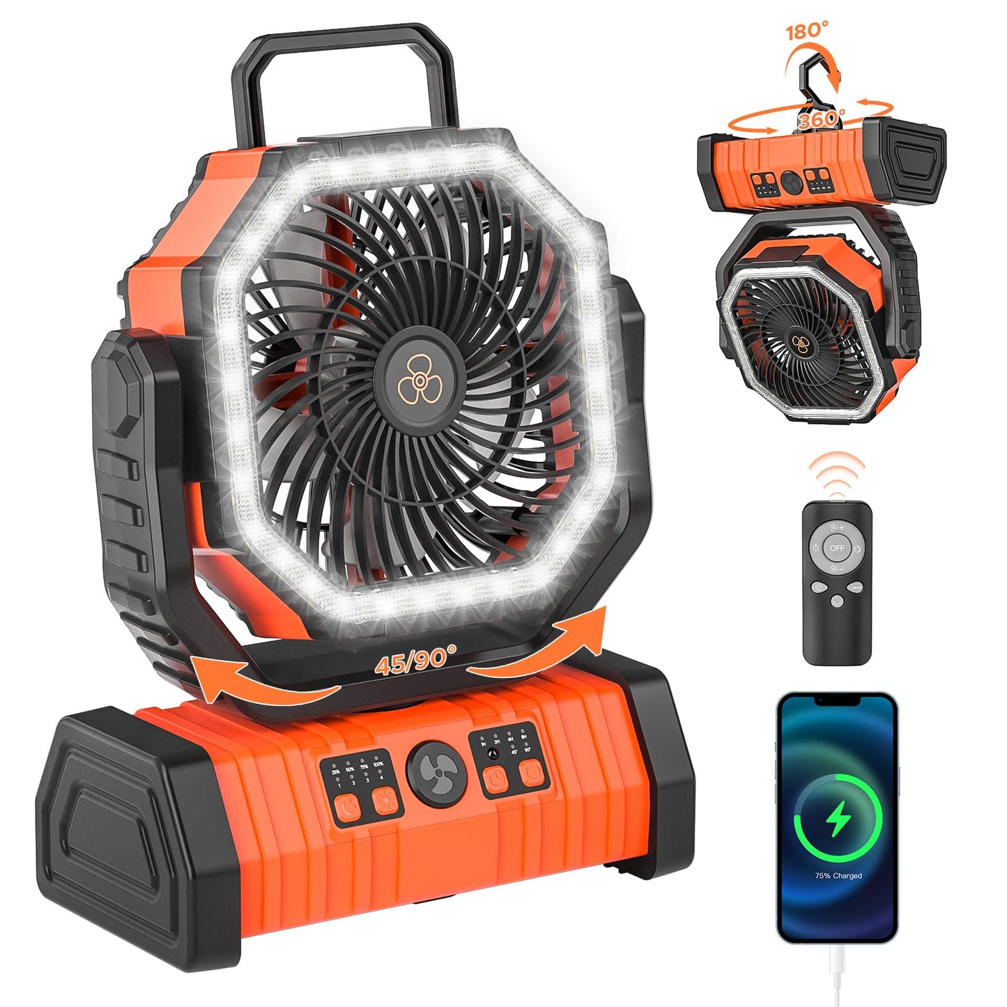 20000mAh Auto-Oscillating Battery Operated Fan with Remote/Hook/Timer, 58H