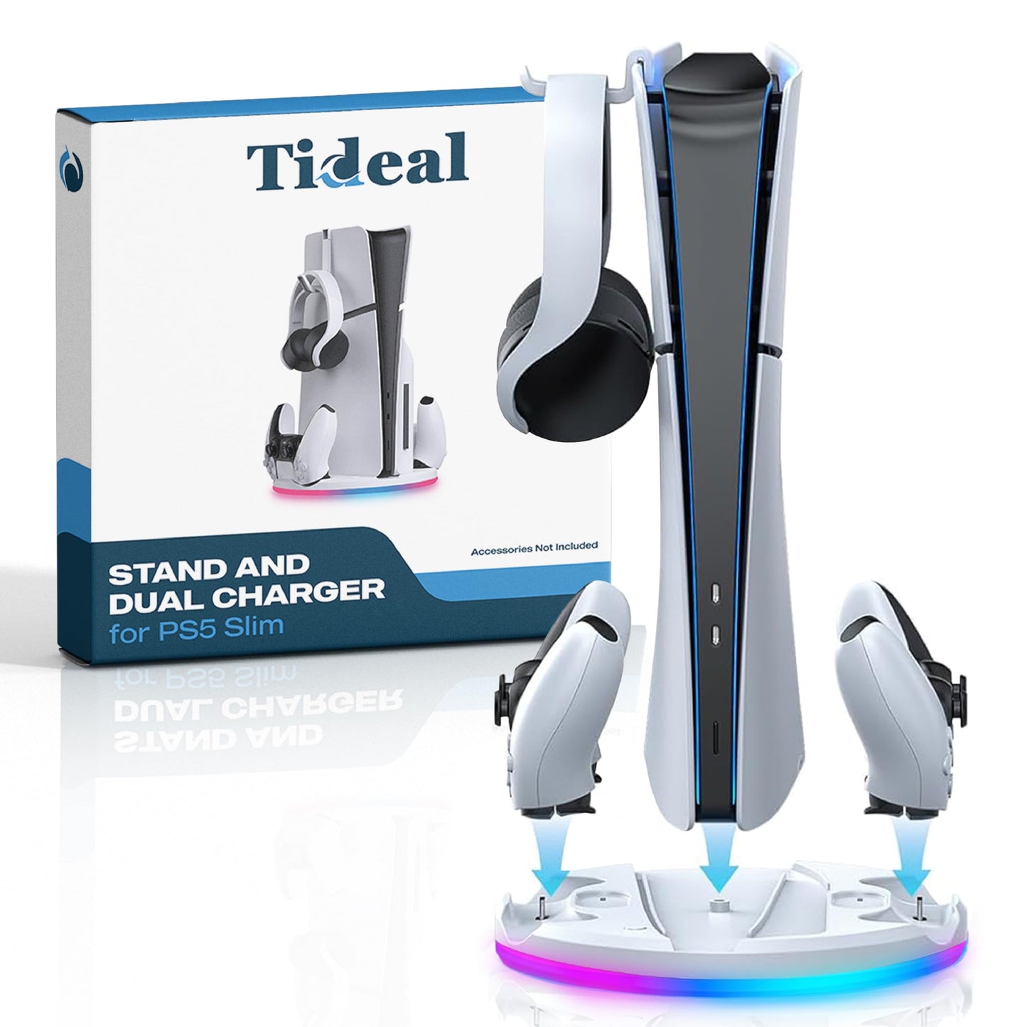 Stand with Dual Controller Charger for PS5 Slim - Vertical Console Stand with Headset Hook for PlayStation 5 - Cool RGB Lights - Efficient Charging
