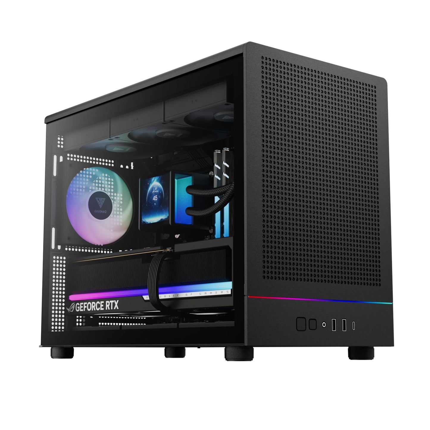GAMDIAS Micro?Tower Gaming PC Case, Mesh Front Panel with RGB Strip & 3×120 mm Prebuilt Fans, Supports Dual 360 mm Radiators, Front?Mounted PSU