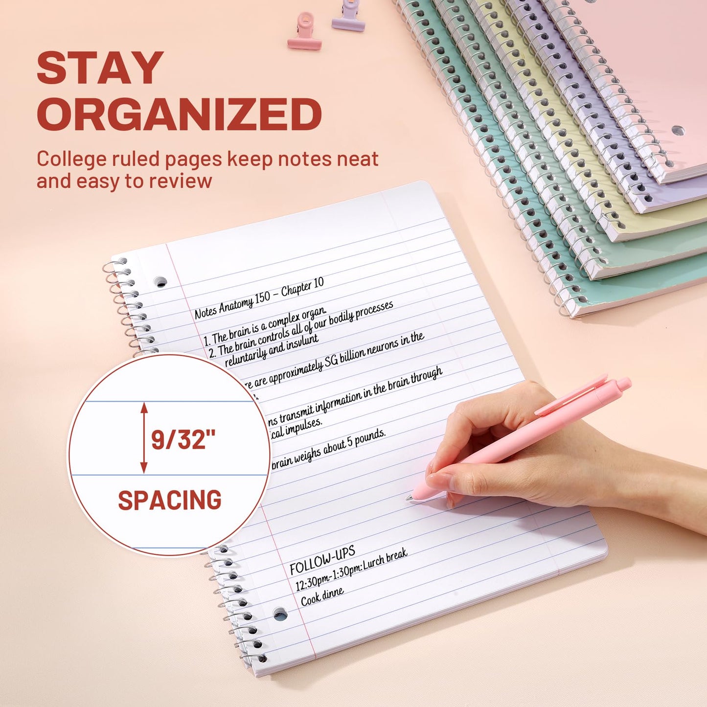 SUNEE Spiral Notebooks, 1-Subject, 10 Pack, College Ruled Paper, 8" x 10-1/2", 70 Sheets per Notebook,3-Hole Punched Paper, Pink,Purple, Blue, Green