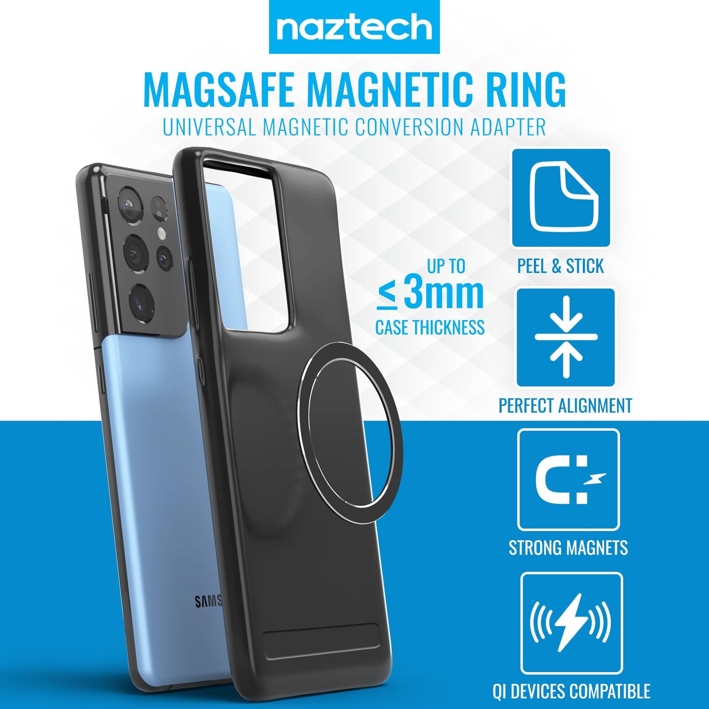 Naztech MagUp MagSafe Adapter - Universal Magnetic Phone Ring for Android & iPhone, Phone Magnet for Wireless Charging, Compatible with Any Qi-Enabled
