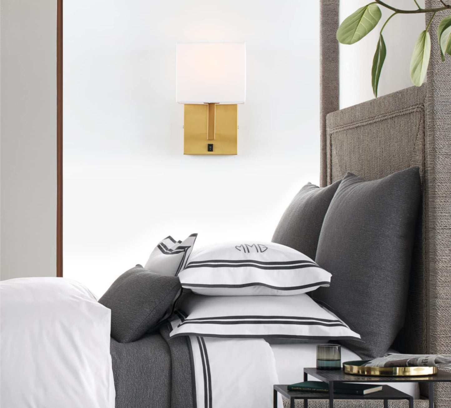 PERMO Set of 2 Wall Sconce Hardwired Light Fixtures Wall Light with White Linen Shades and On/Off Switch Modern Bedside Sconce for Bedroom Reading