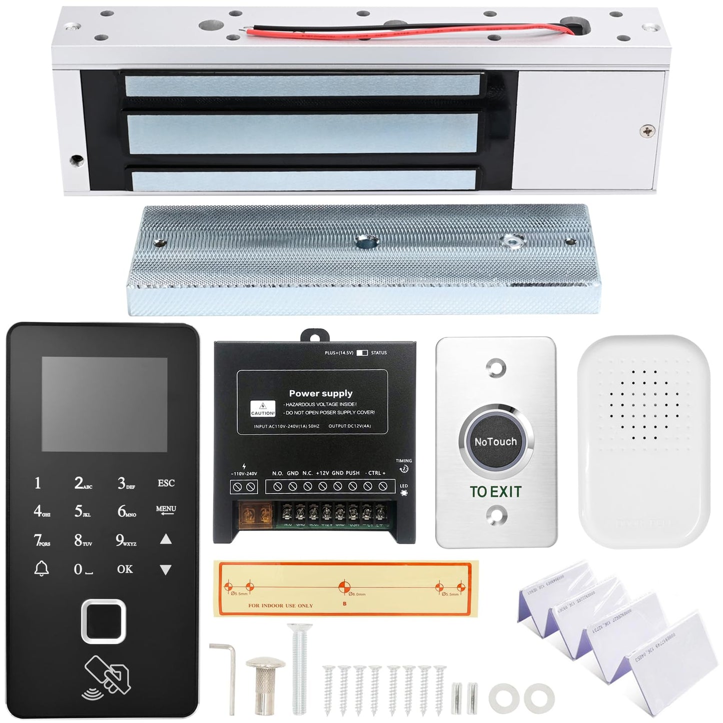 Biometric Access Control System with Fingerprint, Keypad, RFID, Infrared Exit Button, 1200lb Magnetic Lock, LCD Display, USB Download, Attendance