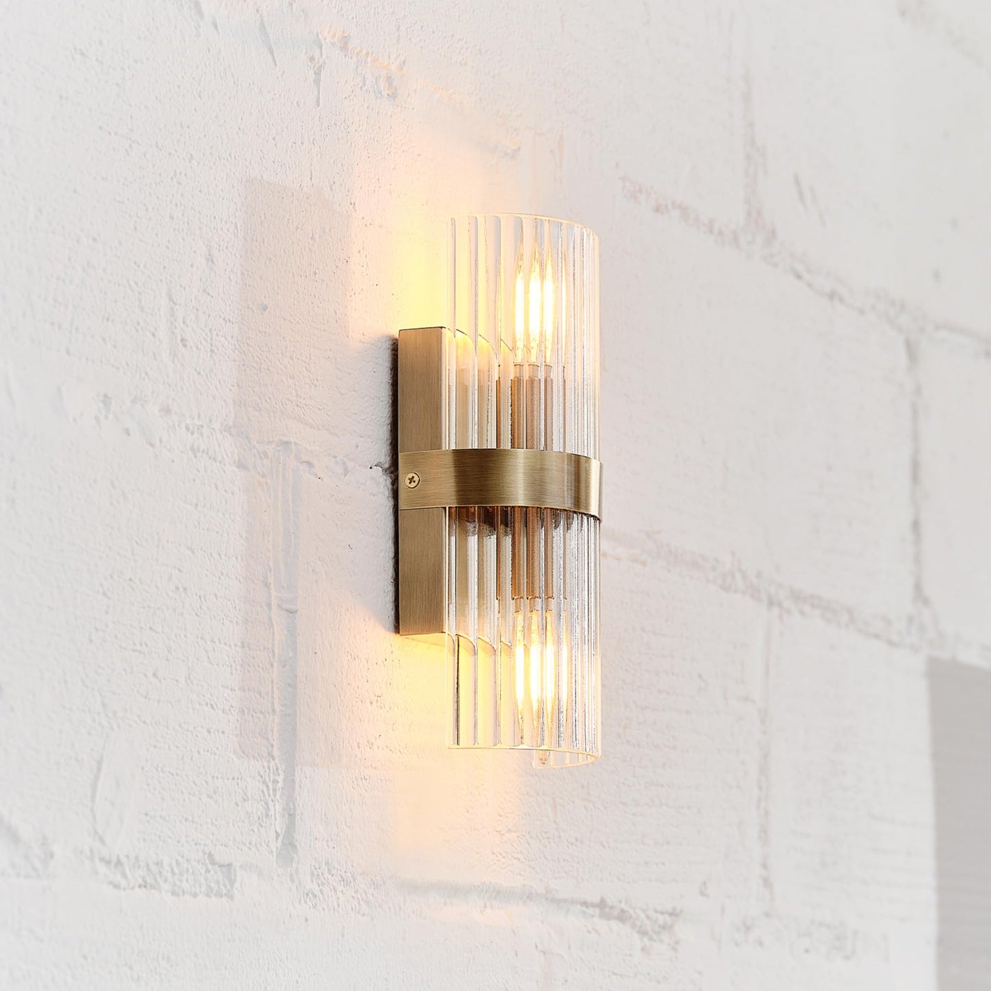 Globe Electric 65000046 2-Light Wall Sconce, Matte Brass, Ribbed Glass Shade, E12 Base Sockets, Wall-Lamp Dimmable, Lights for Bedroom, Kitchen