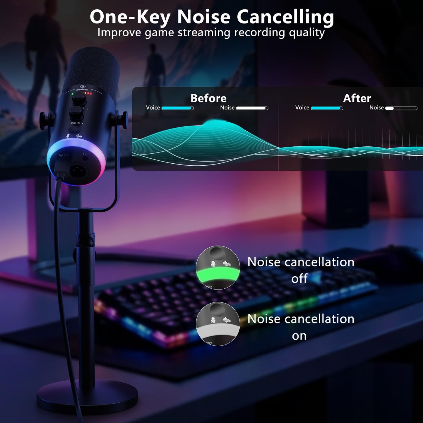 SquarockTek USB/XLR Dynamic Podcast Microphone with RGB Lighting, PC Gaming Streaming Mic with Mute Button, Headphone Jack and Desktop Stand TX2