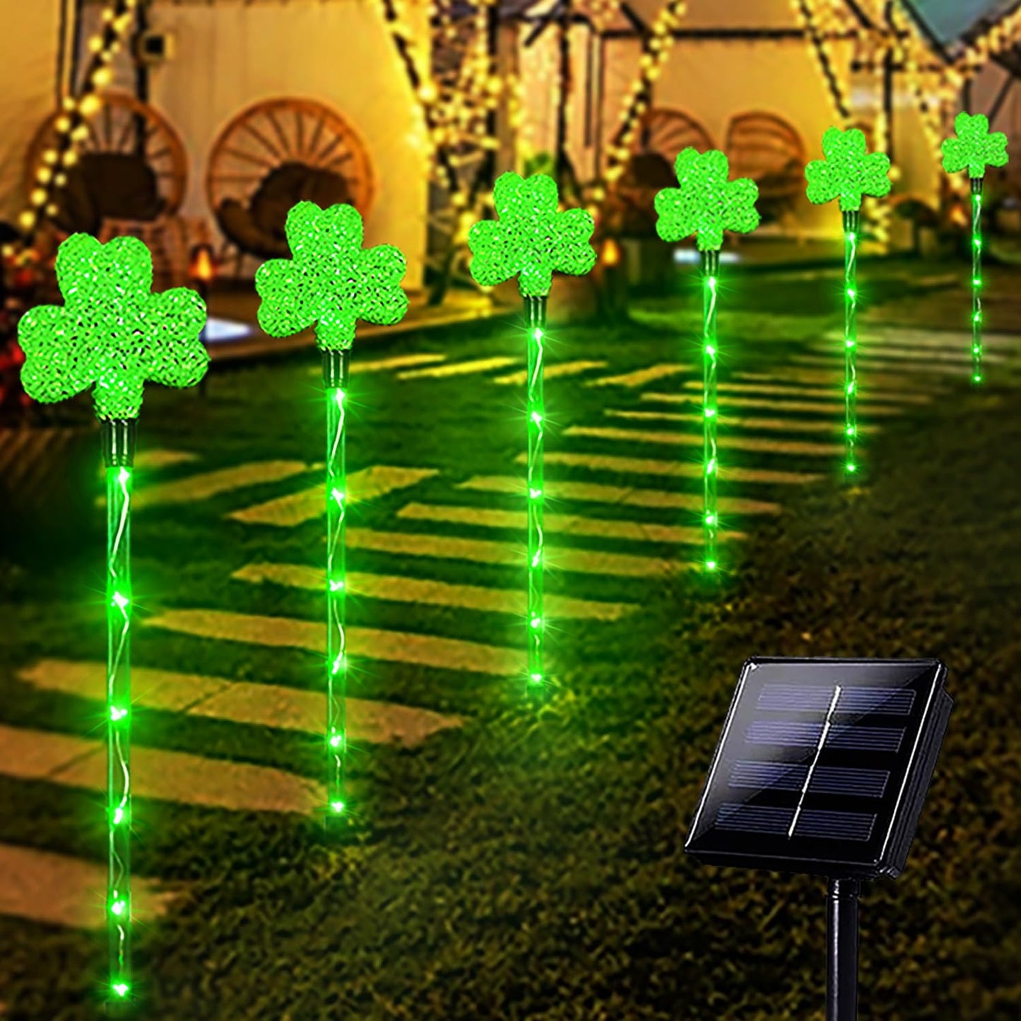 ANLTDTC Solar Shamrocks Garden Stake Lights for St. Patrick's Day Decorations Outdoor, 8 Modes Green Lucky Clover Pathway Lights Waterproof St