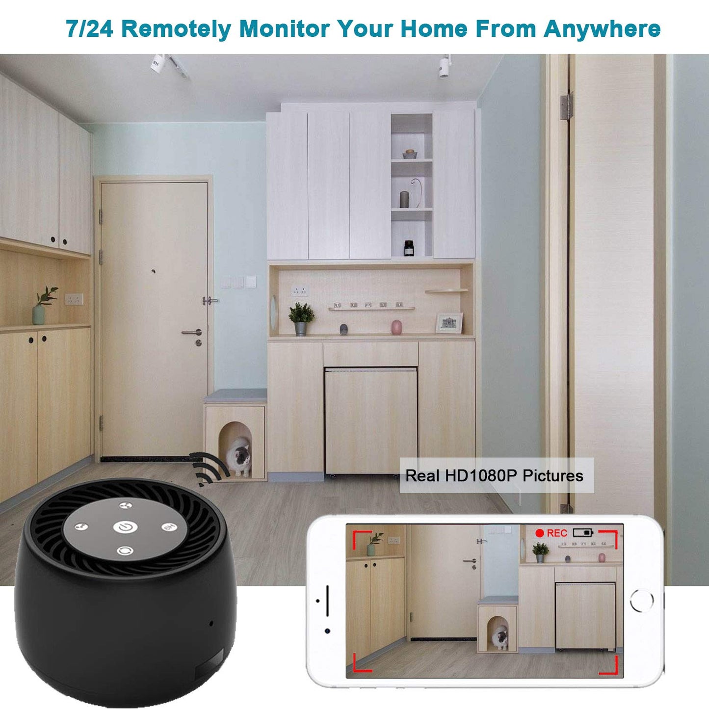 Wireless-WiFi-Security-Mini-Camera, Real 1080P Full HD with Night Vision and Motion Detection Recording, 2-IN-1 Real-time Monitoring for Home/Office