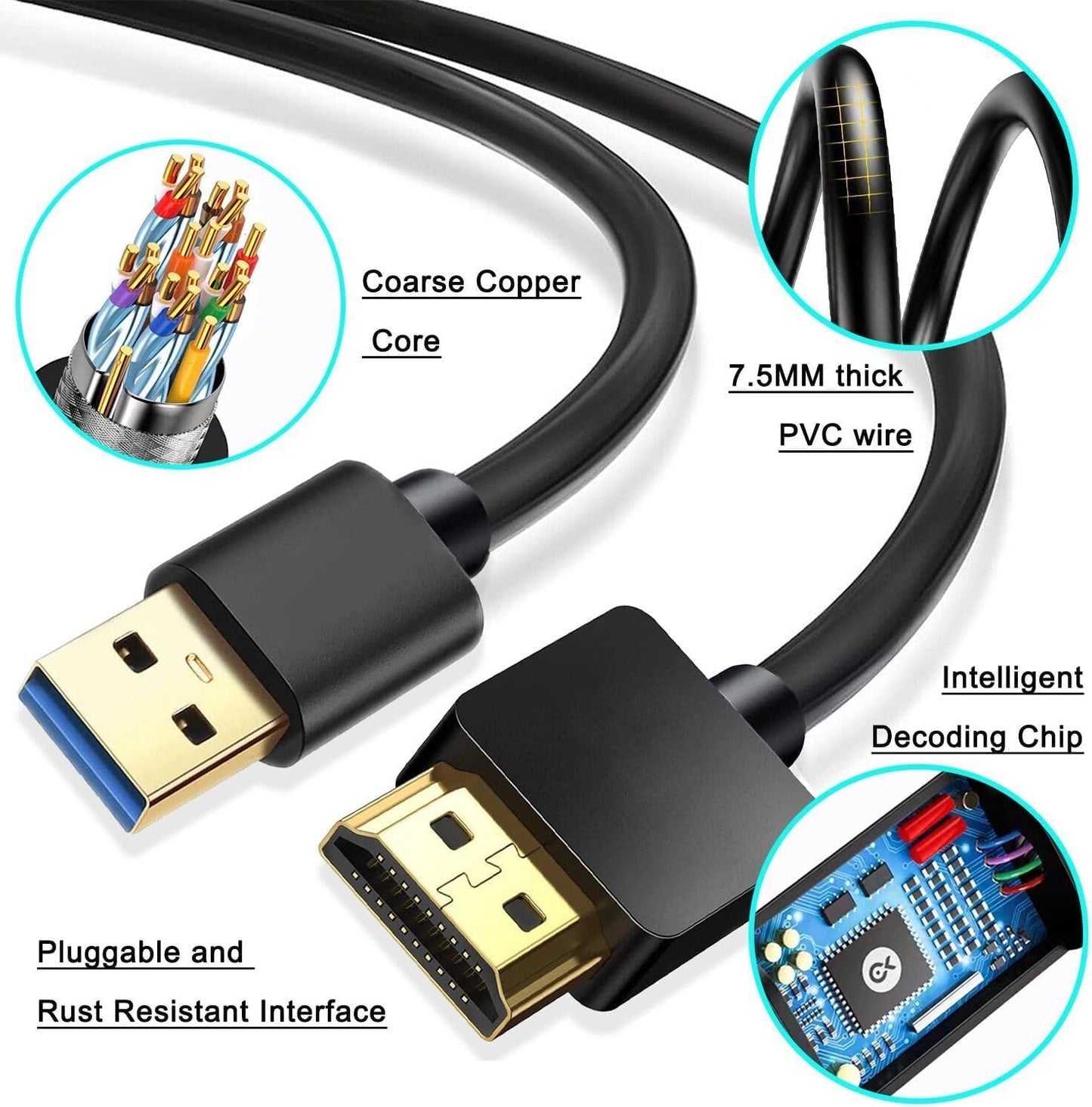 Jofnaylr USB to HDMI Adapter Cable 6.6FT, USB to HDMI Cable Male to Male Full 1080P HD Display Cable Audio Video Converter Cord for PC/Laptop