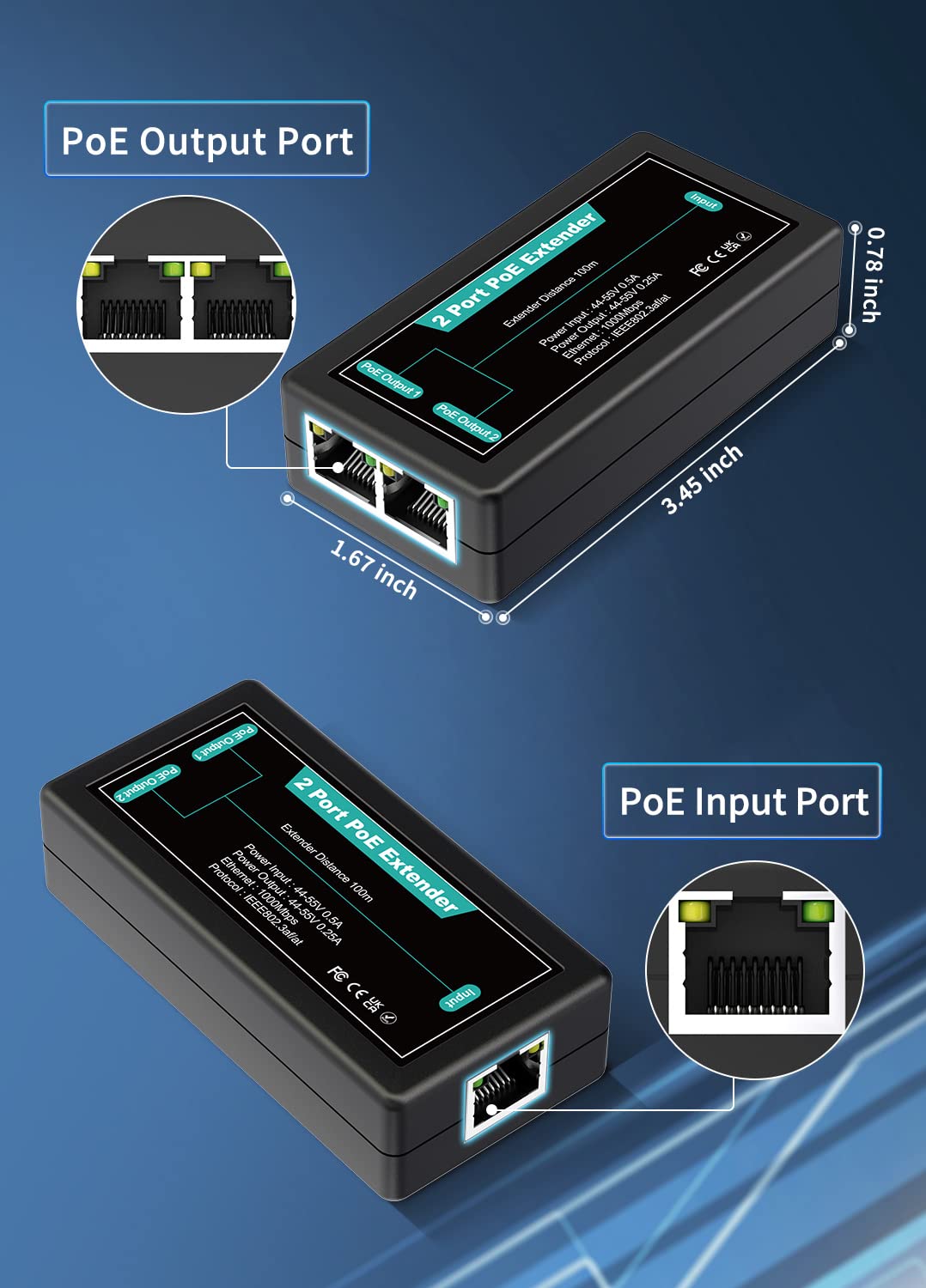 1 in 2 Out Gigabit PoE Extender, NICGIGA 2 Port PoE Repeater 100 Meters(328 ft),IEEE 802.3af/at Power Over Ethernet PoE Splitter to 2 PoE Devices Like