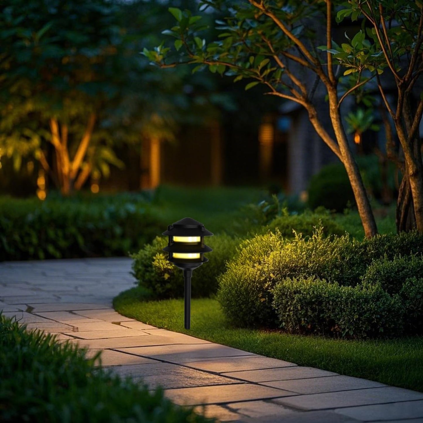 Lumina Lighting® Low Voltage Landscape Lighting Cast-Aluminum Pagoda Path and Area Light Warm White 4W G4 LED Bulb and ABS Ground Stake Included