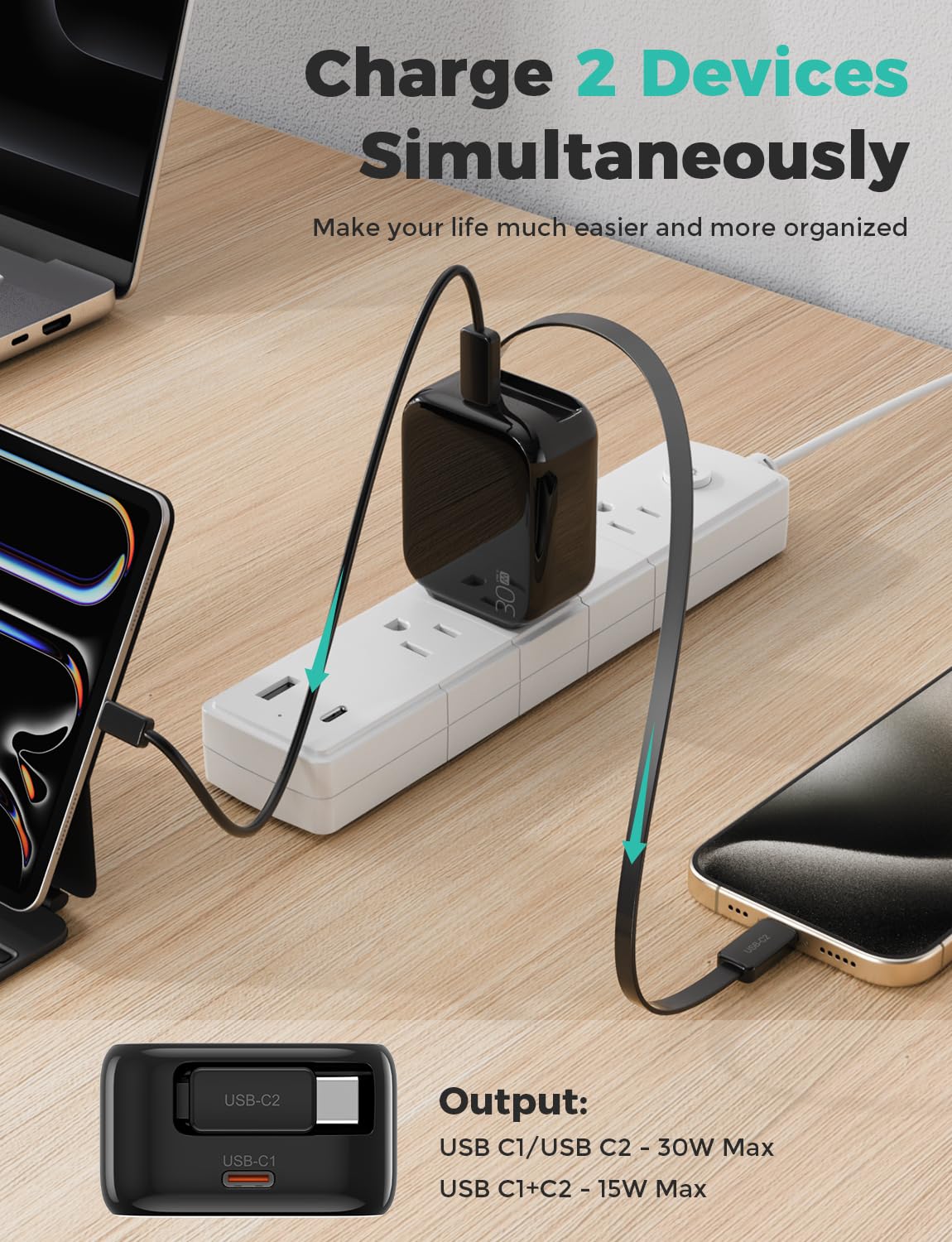 2-in-1 Retractable Wall Charger Plug with USB C Port and 27in/70cm Type C Cable,Travel Essentials 30W Fast Charging Foldable Block for iPhone