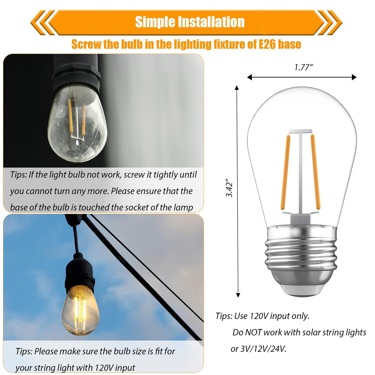 winsaLED 15 Pack 2W S14 Replacement Bulb for String Light, 2700K Soft White