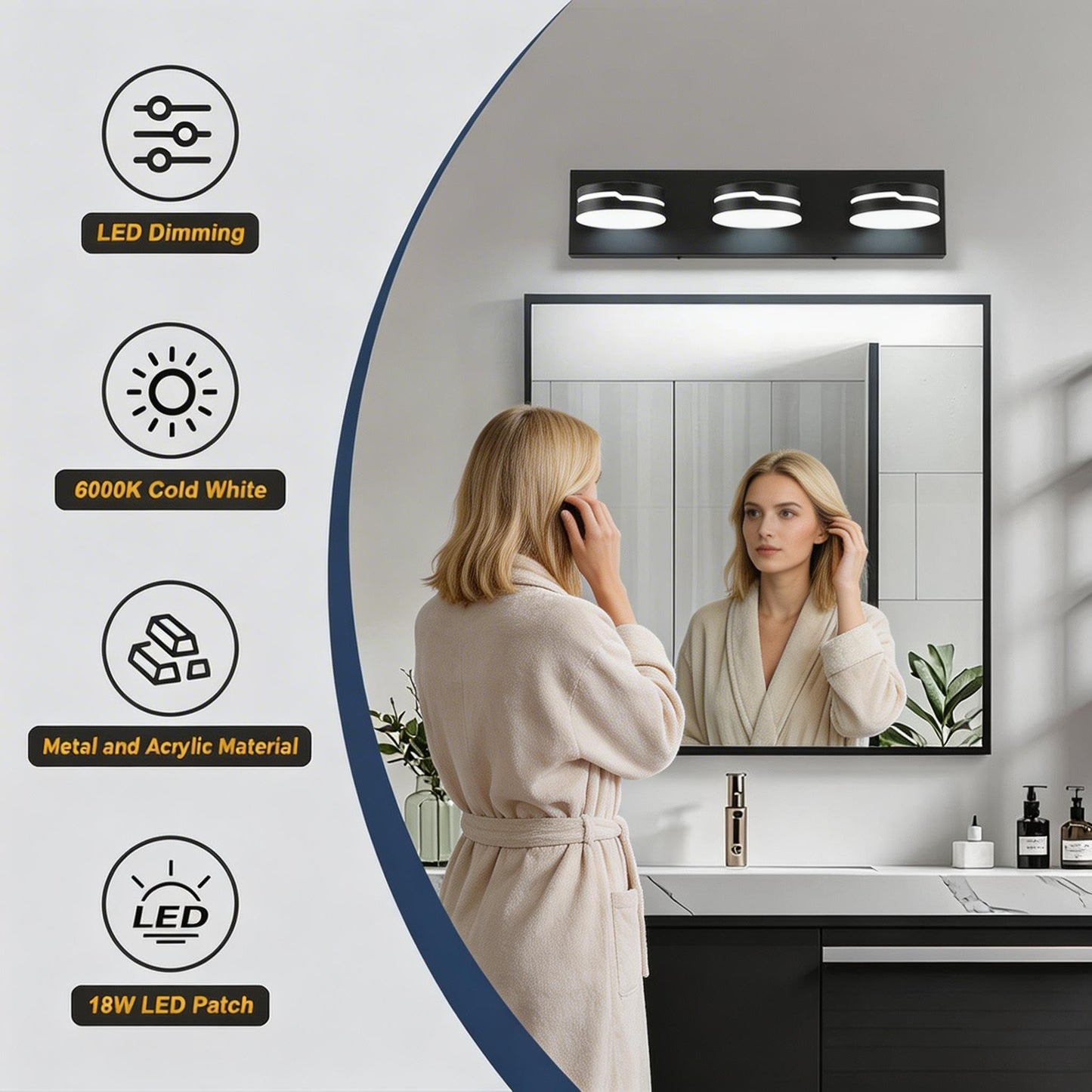 MKBNG Vanity Lights for Bathroom, Matte Black Bathroom Light Fixtures Over Mirror, 3-Light Modern LED Wall Sconce Makeup Lighting, 350° Rotatable
