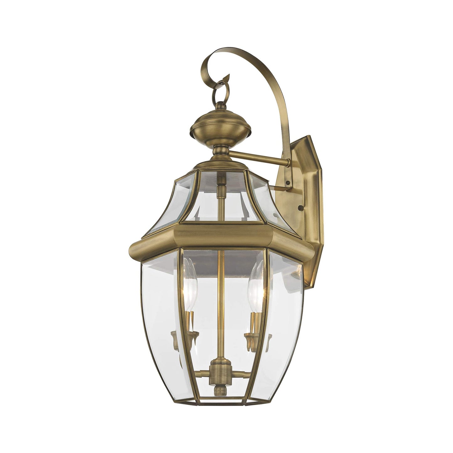 Livex Lighting 2251-01 Monterey 2 Light Outdoor Antique Brass Finish Solid Brass Wall Lantern with Clear Beveled Glass