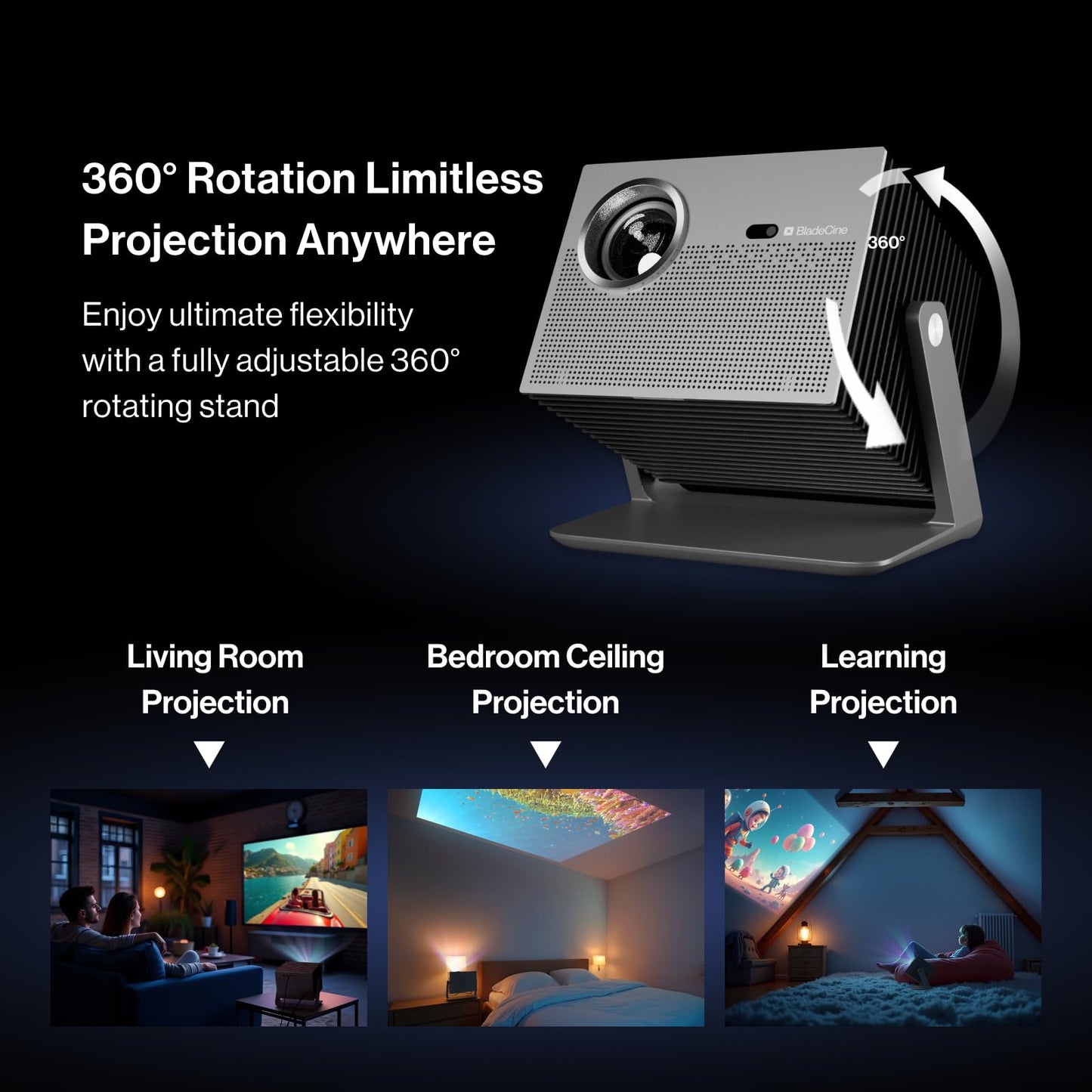 BladeCine Cube 600 Netflix Projector, 1080P Portable Projector with Wifi and Bluetooth, True ISO 600 ANSI Lumens, 360° Adjustable Gimbal Stand, Auto