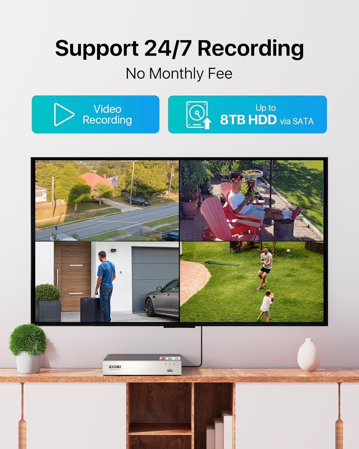 ZOSI 8CH 3K Lite Home Security Camera System Outdoor Indoor, AI Human/Vehicle Detection, Night Vision, 4pcs 1920TVL 1080P Metal CCTV Cameras, Remote