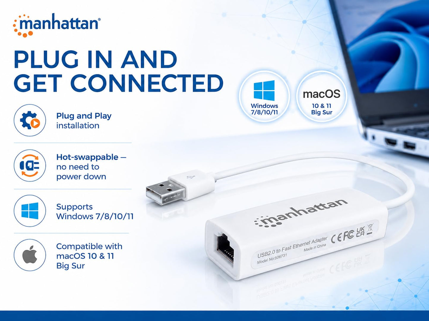 Manhattan USB to Ethernet Adapter - 10 / 100 Mbps Fast Ethernet LAN Network - Support Windows 10/8.1/8/7/Vista/XP for Desktop Laptop Apple MacBook