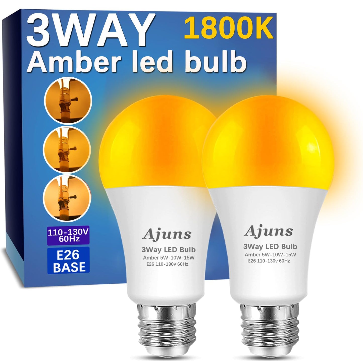 Ajuns 3Way Light Bulb Amber 40/100/150W Equivalent 1800k Light Bulbs