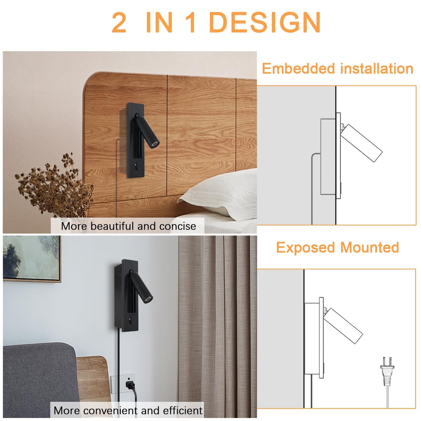 YFMYY Set of 2 Led Headboard Wall Light, 350°Rotation Portable Plug in Wall Sconce Hardwired, Bedside Reading Light Recessed Push Switch, Hotel Bed
