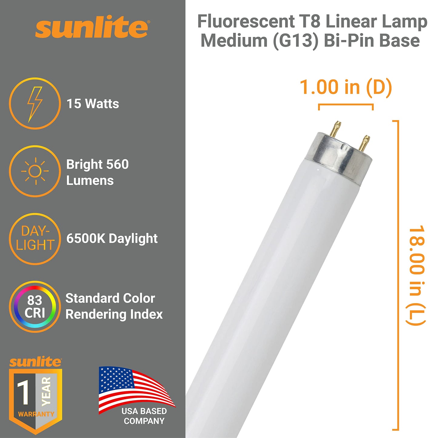 Sunlite F15T8/D 18-Inch T8 Linear Fluorescent Lamp, 15 Watts, 560 Lumens, 6500K Daylight, Medium G13 Bi-Pin Base, ROHS Compliant, 30 Pack