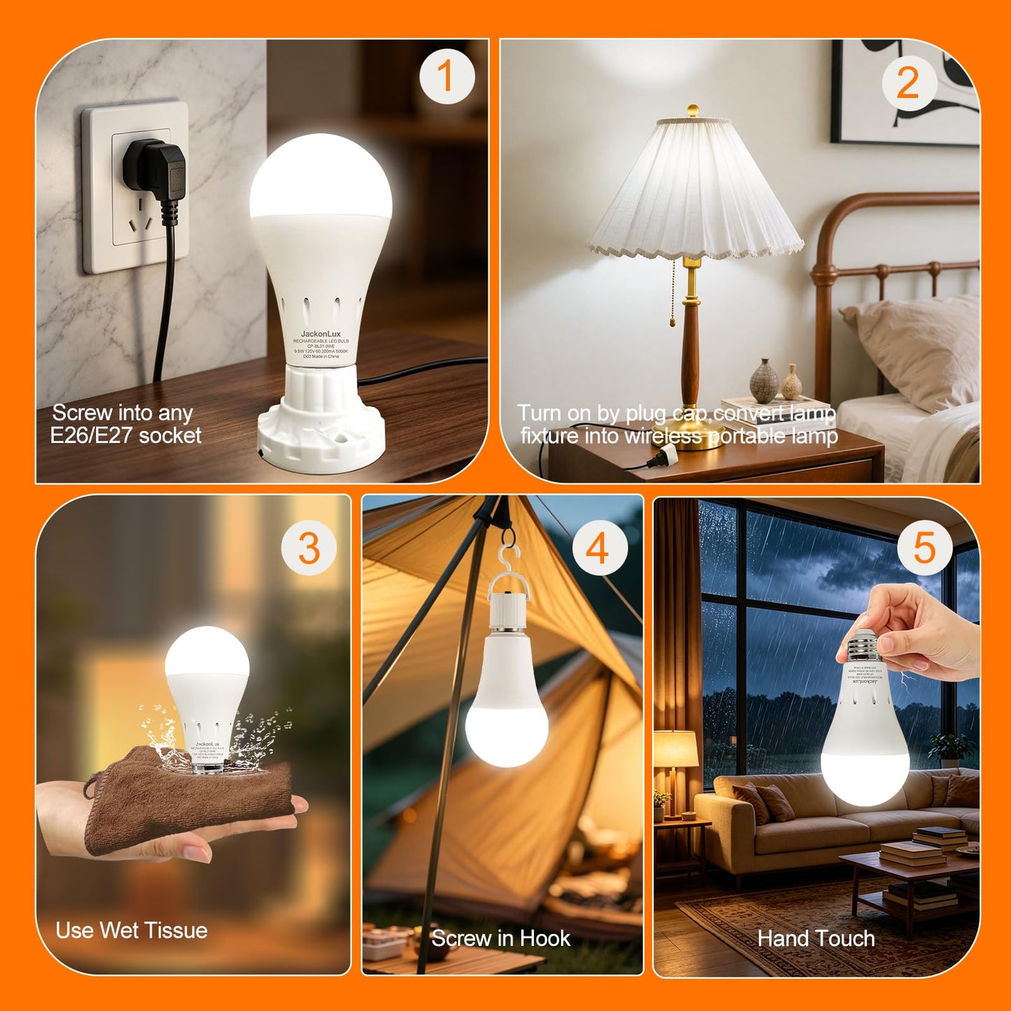 4 Pack Rechargeable Emergency Light Bulbs, Battery Operated Light Bulbs