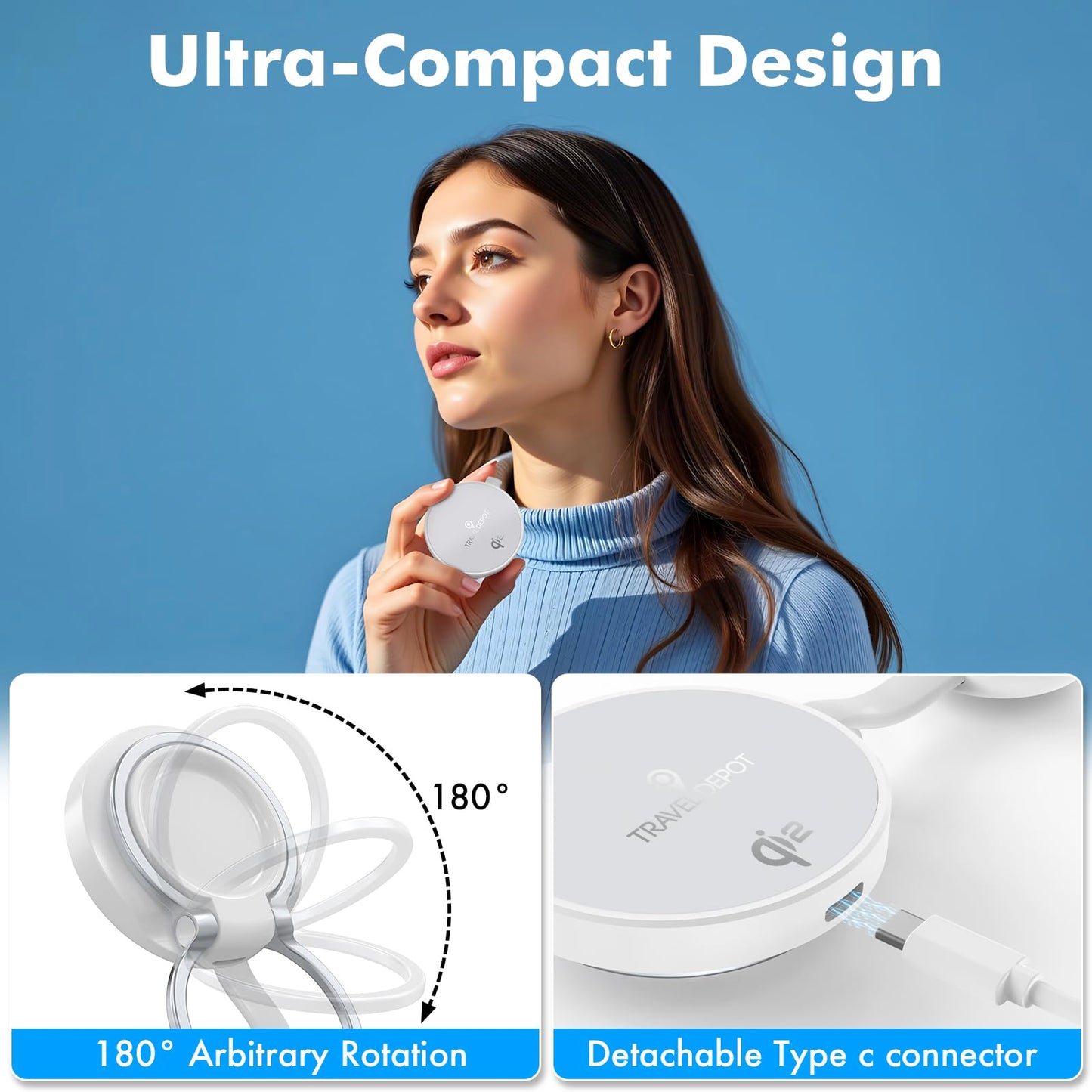TRAVEL DEPOT Compatible w/MagSafe Charger 2-in-1 Travel Wireless Charger, QI 2 Certified 15W Magnetic Duo Charging Butterfly Puck for iPhone, Airpods