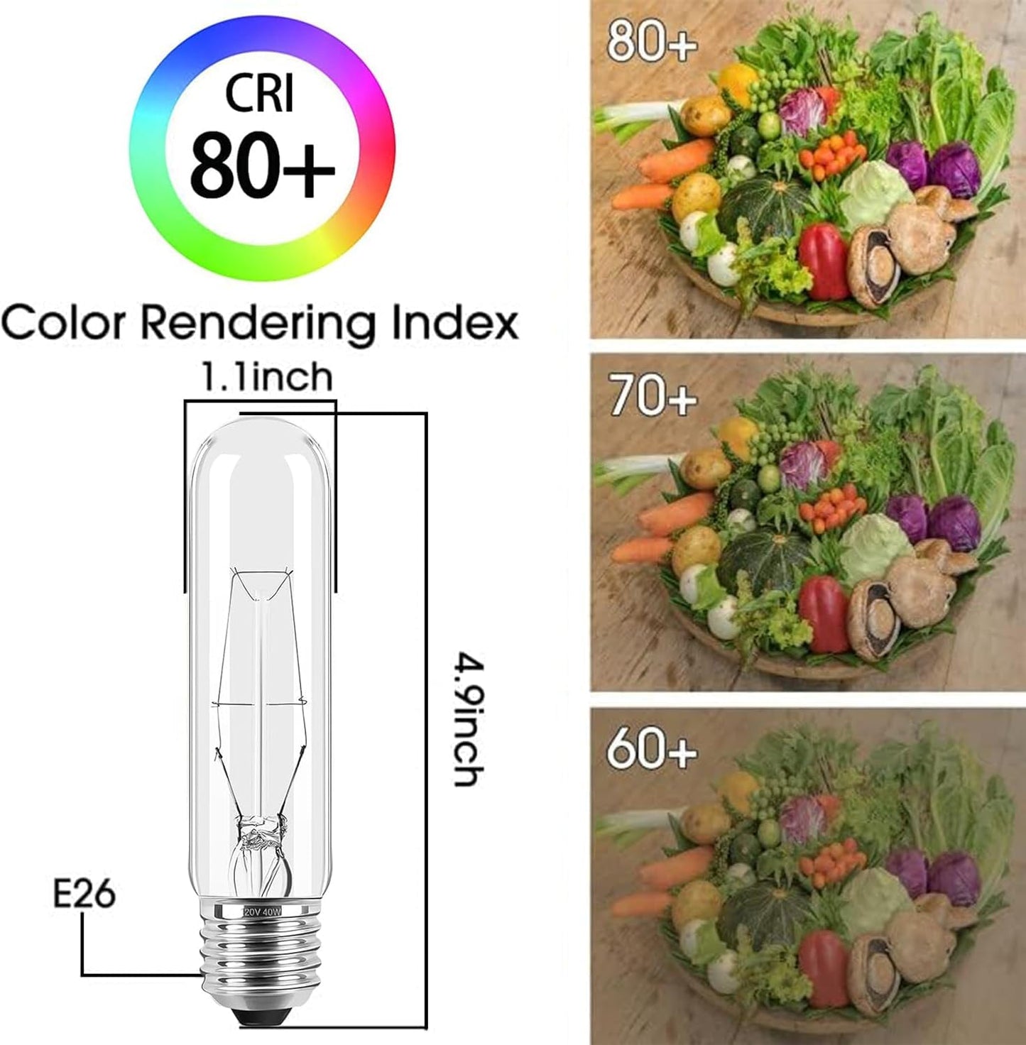 Tiqian 10-Pack 40W T10 Incandescent LED Light Bulbs, Warm White,Dimmable Clear Glass Edison Vintage Bulbs for Chandeliers, E26 Base, 2700K, Desk
