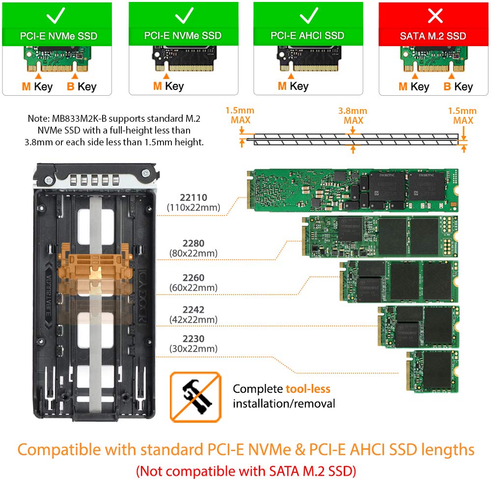 ICY DOCK M.2 PCIe 3.0/4.0 NVMe SSD Removable Mobile Rack Enclosure for External 3.5” Drive Bay | ToughArmor MB833M2K-B