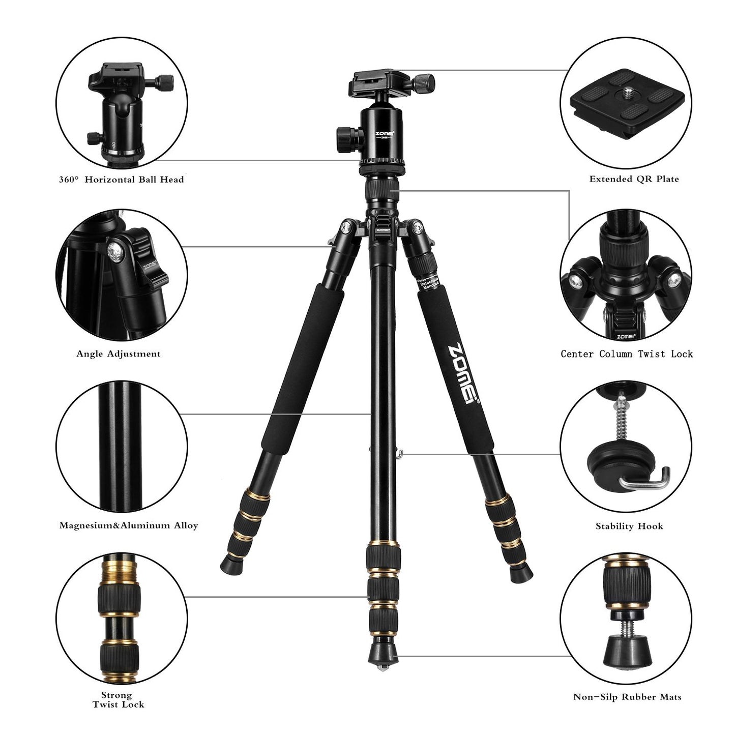 ZOMEI Z688 Travel Camera Tripod Aluminum Alloy Portable Monopod with Ball Head ann Carrying Bag for Canon Nikon Sony DSLR Camera