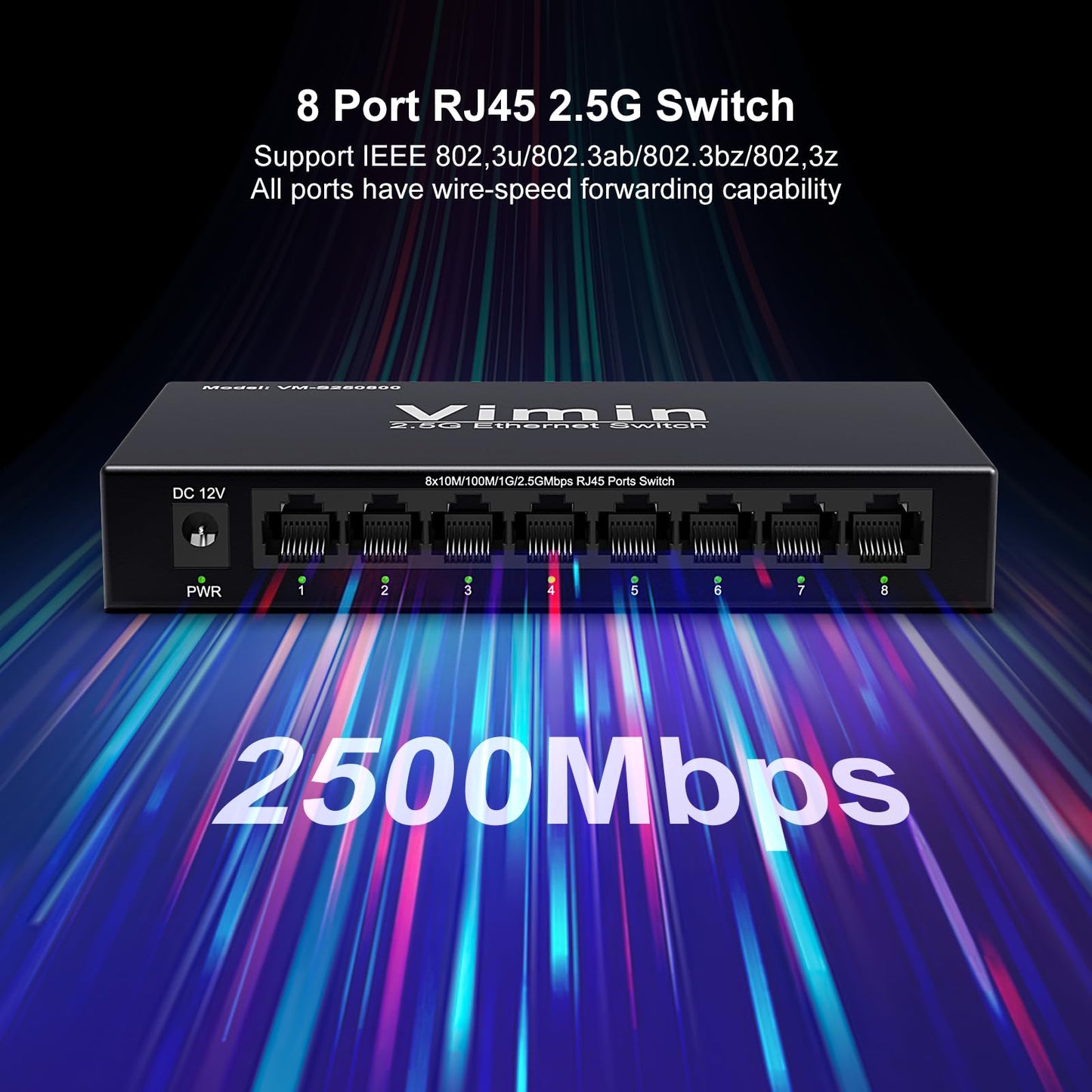 8-Port 2.5G Switch Unmanaged, 8 x 10/100/1000/2500Mbps RJ45 Ports, Plug & Play 2.5G Ethernet Switch, Metal Housing, Desktop/Wall-Mount, for Home