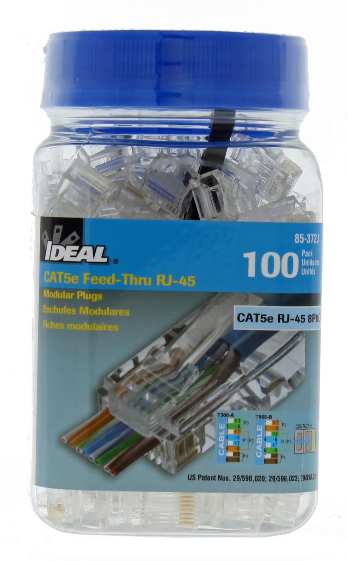 Ideal Industries INC. 85-372J 8P8C Single Piece Modular Plug, Feed-Thru Design RJ-45 Connector for CAT5e, Twisted Pair 100 MHz Cables, (100