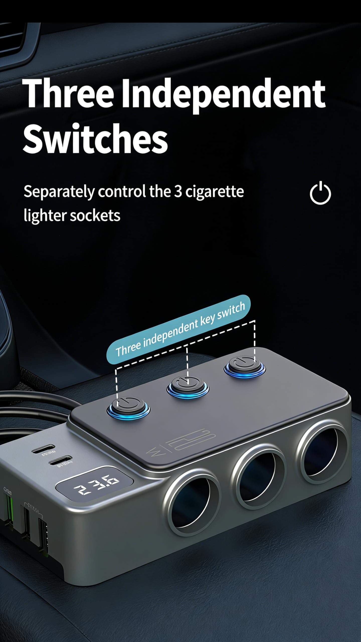 8-in-1 Car Cigarette Lighter Splitter, QC3.0 3 USB Ports & 2 Type-C PD 35W Fast & Safe Charging,3 Sockets with Independent/ Master Switches, Real-Time