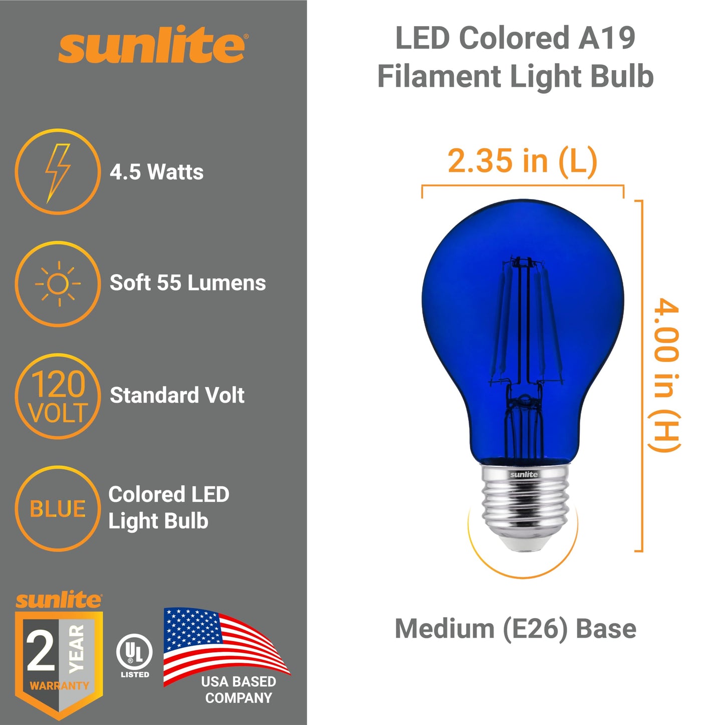 Sunlite 40940 LED Colored Filament A19 Light Bulb, 4.5 Watts, Medium E26 Base, 120 Volts, Transparent Blue, Dimmable, 320 Degree Beam Angle, UL