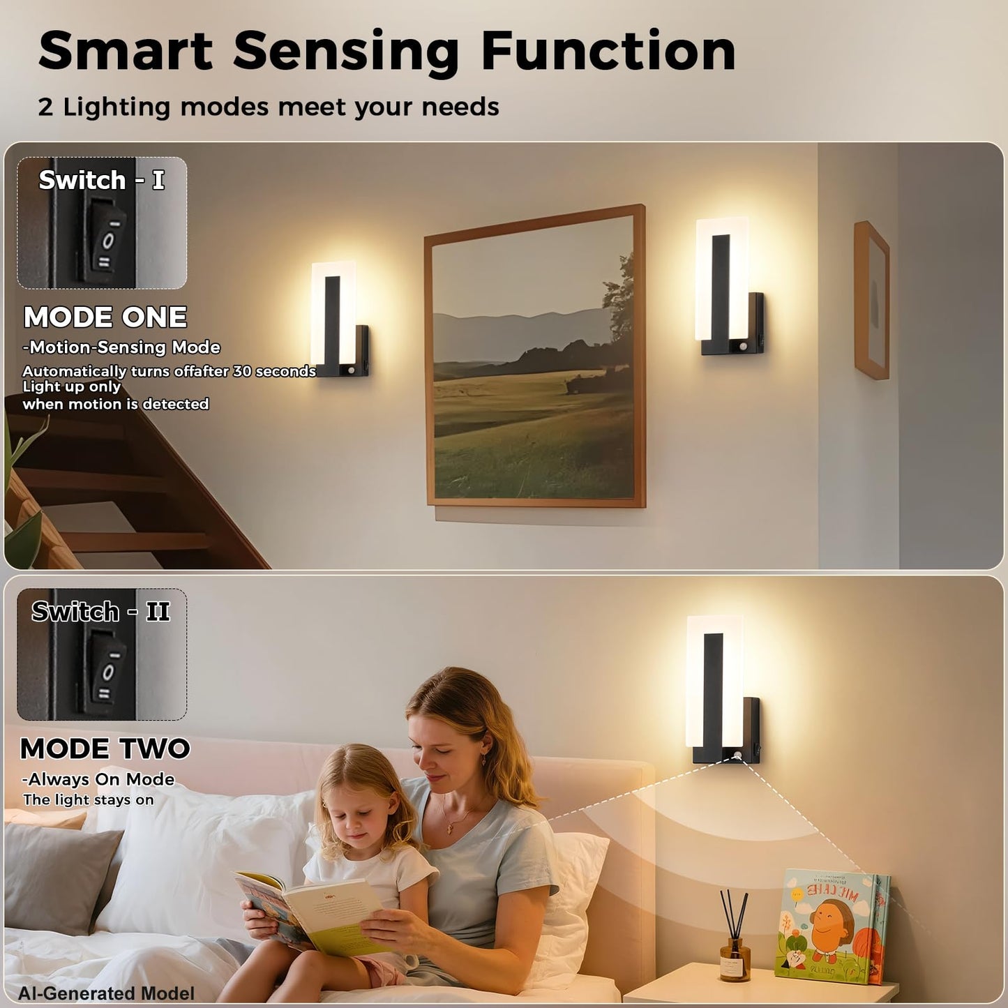 Joosenhouse Wall Sconces Set of Two Hardwired, Black Motion Sensor Wall Light Indoor, Modern Metal and Acrylic LED Wall Lamp 3000K Warm White