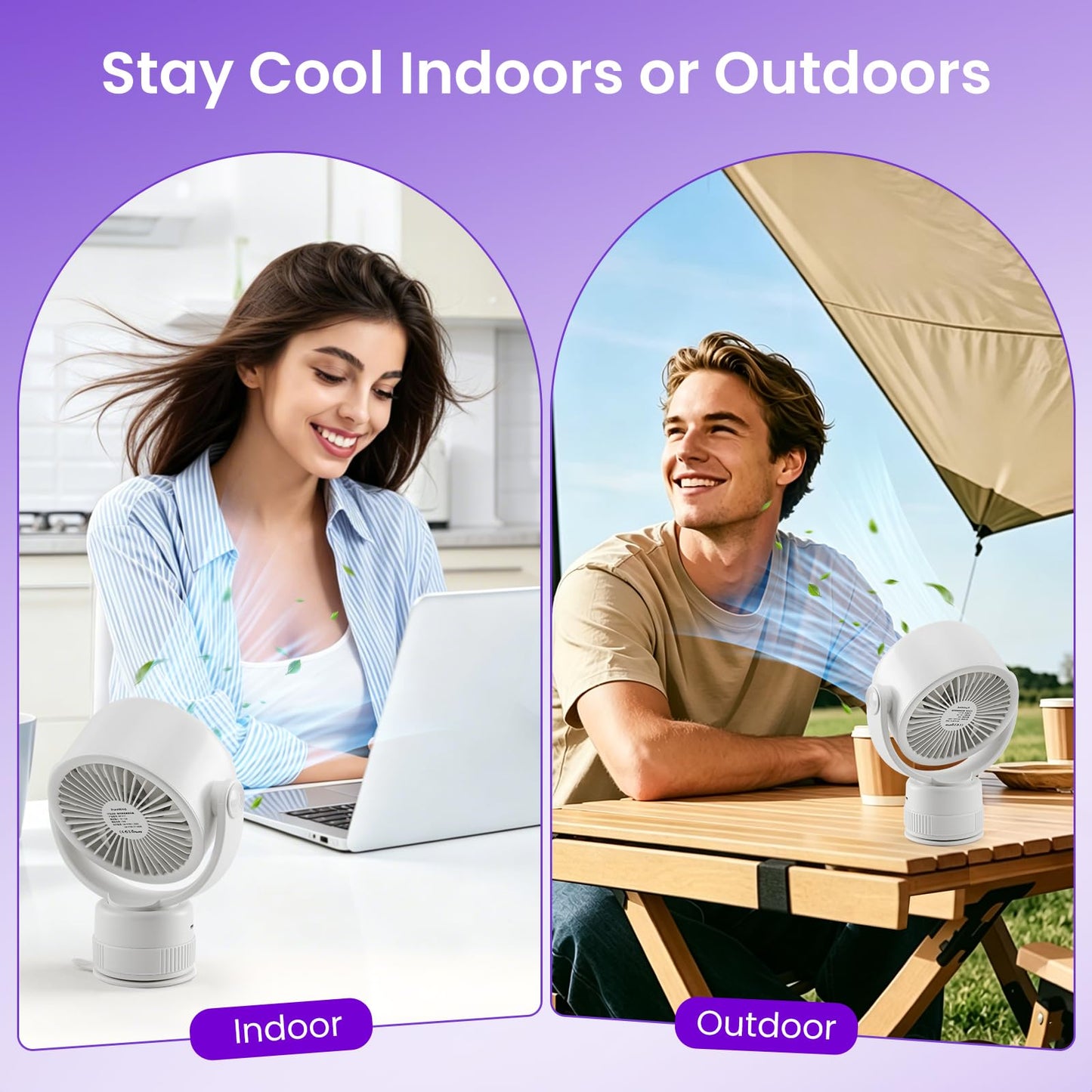 Sowmow Desk Fan - 120° Oscillating Portable Table Fan, Rechargeable Wall Mount Air Circulator with Twist-Lock Suction Cup for Kitchen, Bathroom