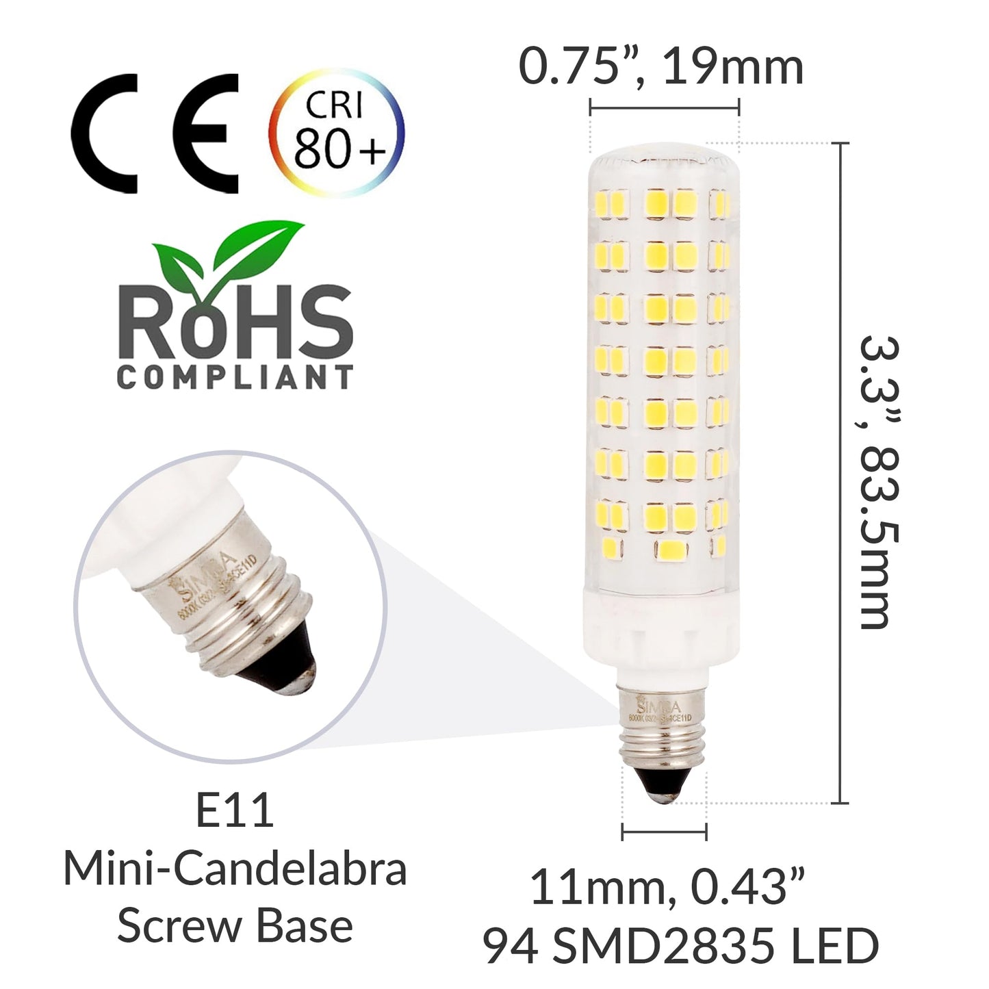 Simba Lighting LED T6 8W Mini-Candelabra JD Light Bulb E11, 6000K, 4 Pack