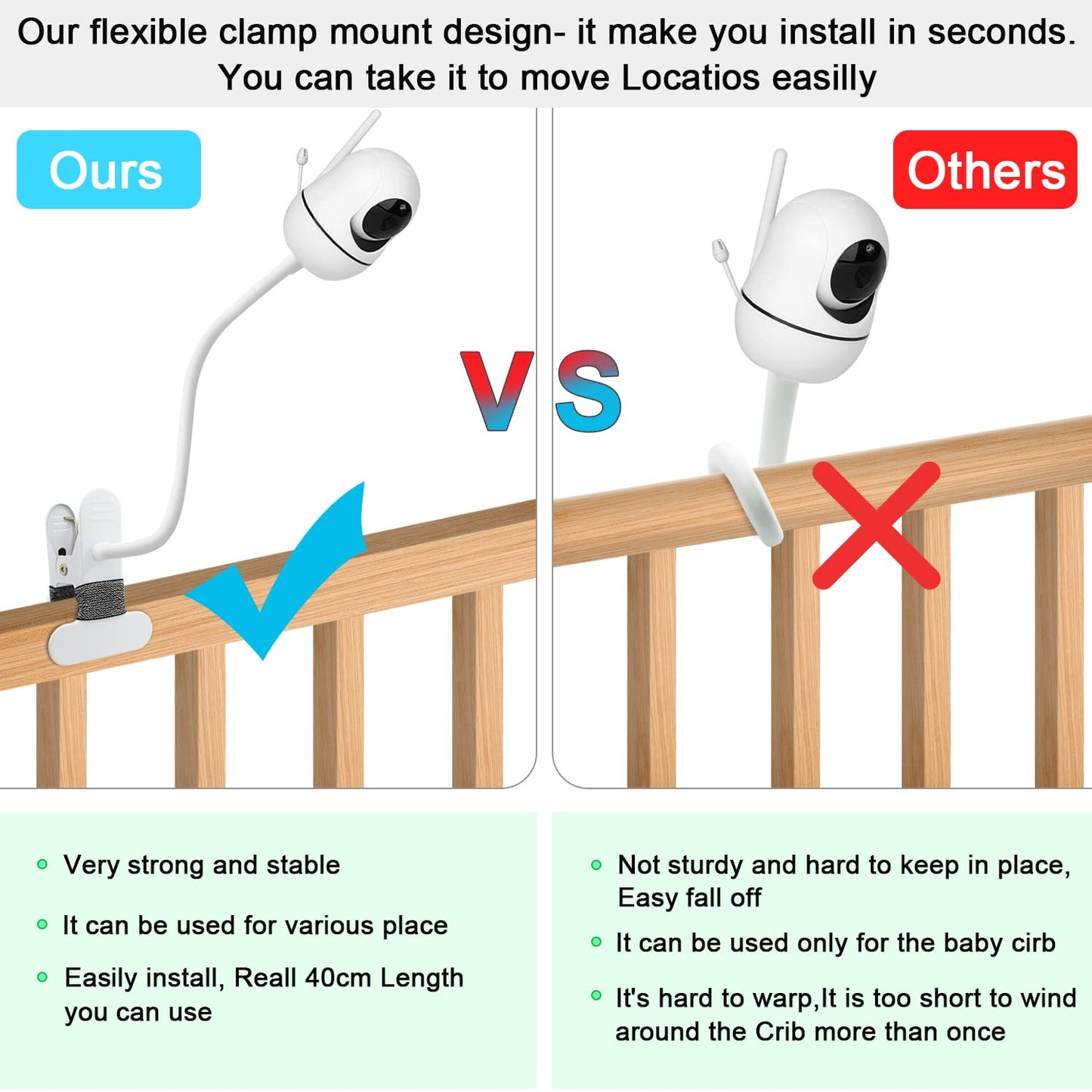 Baby Monitor Mount Compatible with HelloBaby HB6550/HB65/HB66/HB248,ANMEATE SM935E Baby Monitor Camera 15.7 inches Flexible Clip Clamp Mount Long