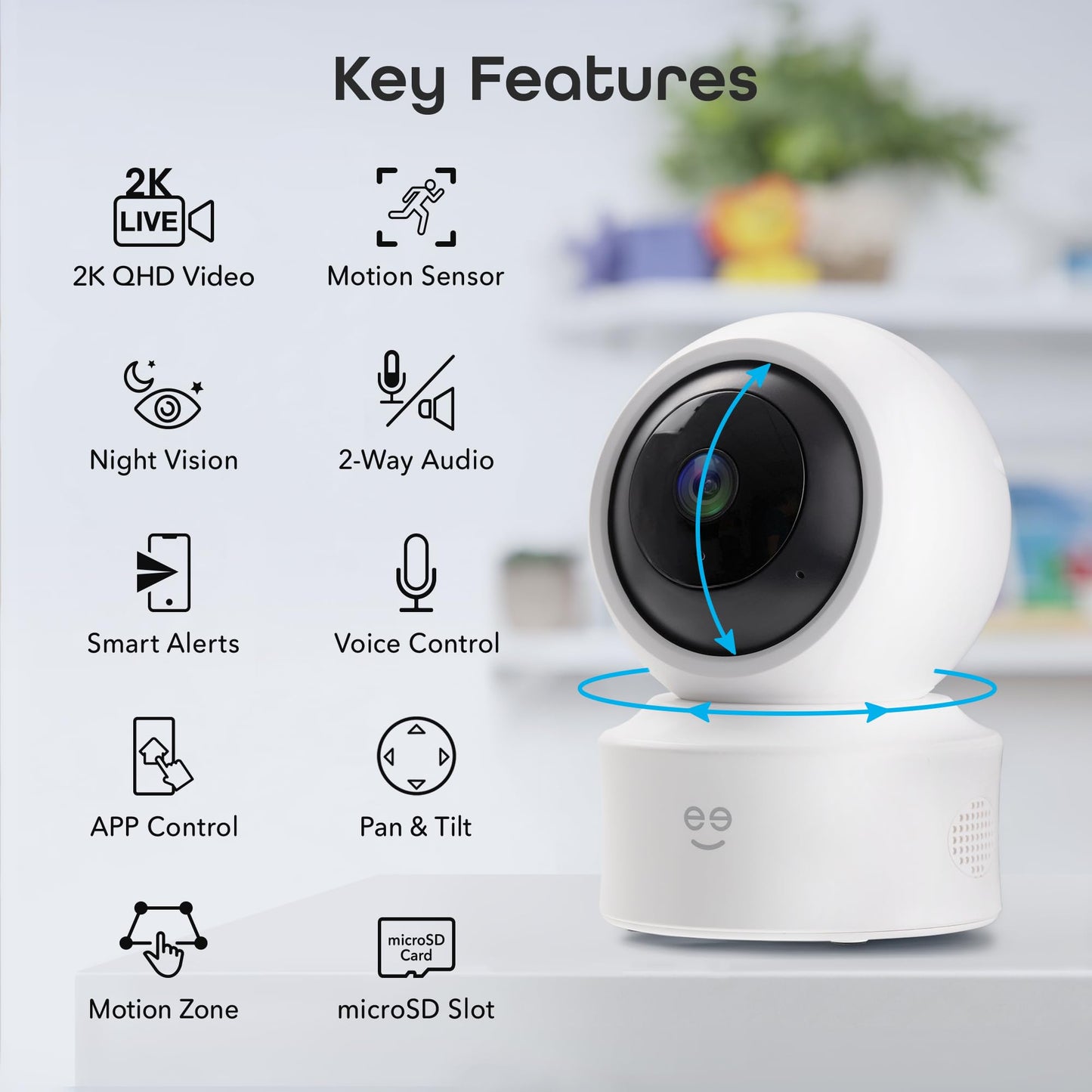 Geeni Scope Ultra 2K 360° Smart Indoor Camera, 1440p HD Auto-Tracking, Dual Band WiFi 2.4GHz 5GHz, Alexa & App Control, Wall Mountable, White