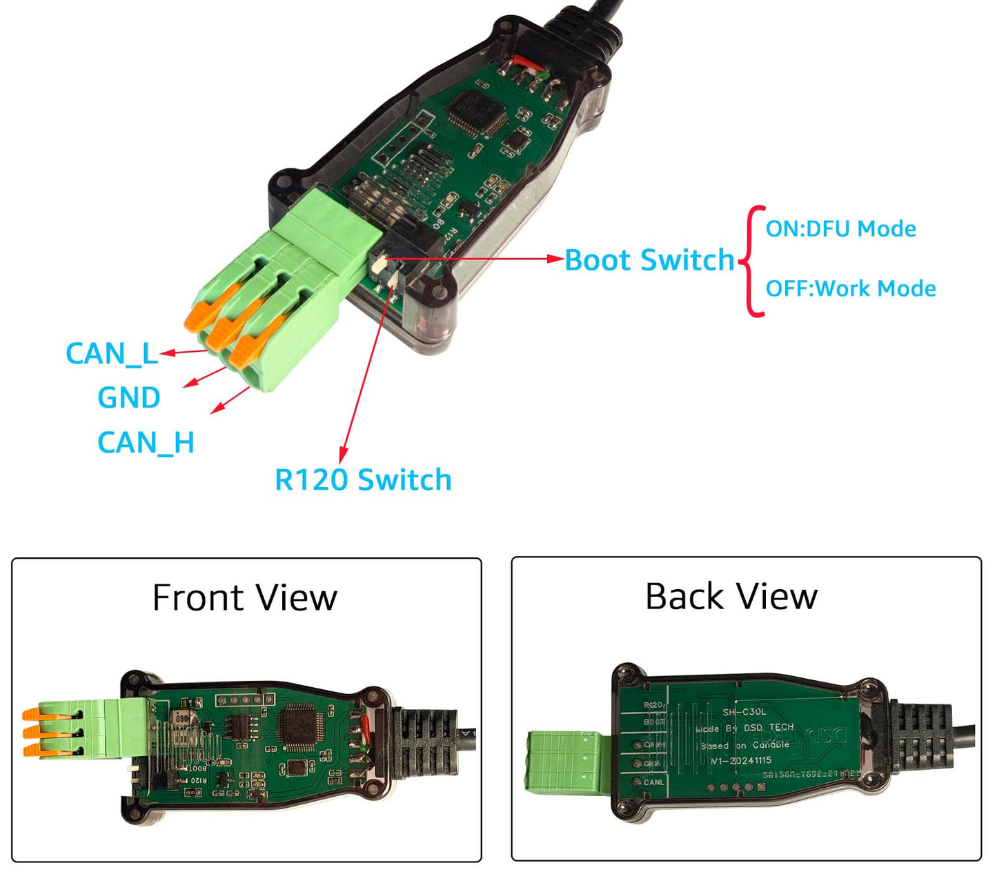 DSD TECH SH-C30L USB to CAN Bus Adapter Base on Canable Support SocketCAN Cangaroo(39CM/1.28FT)