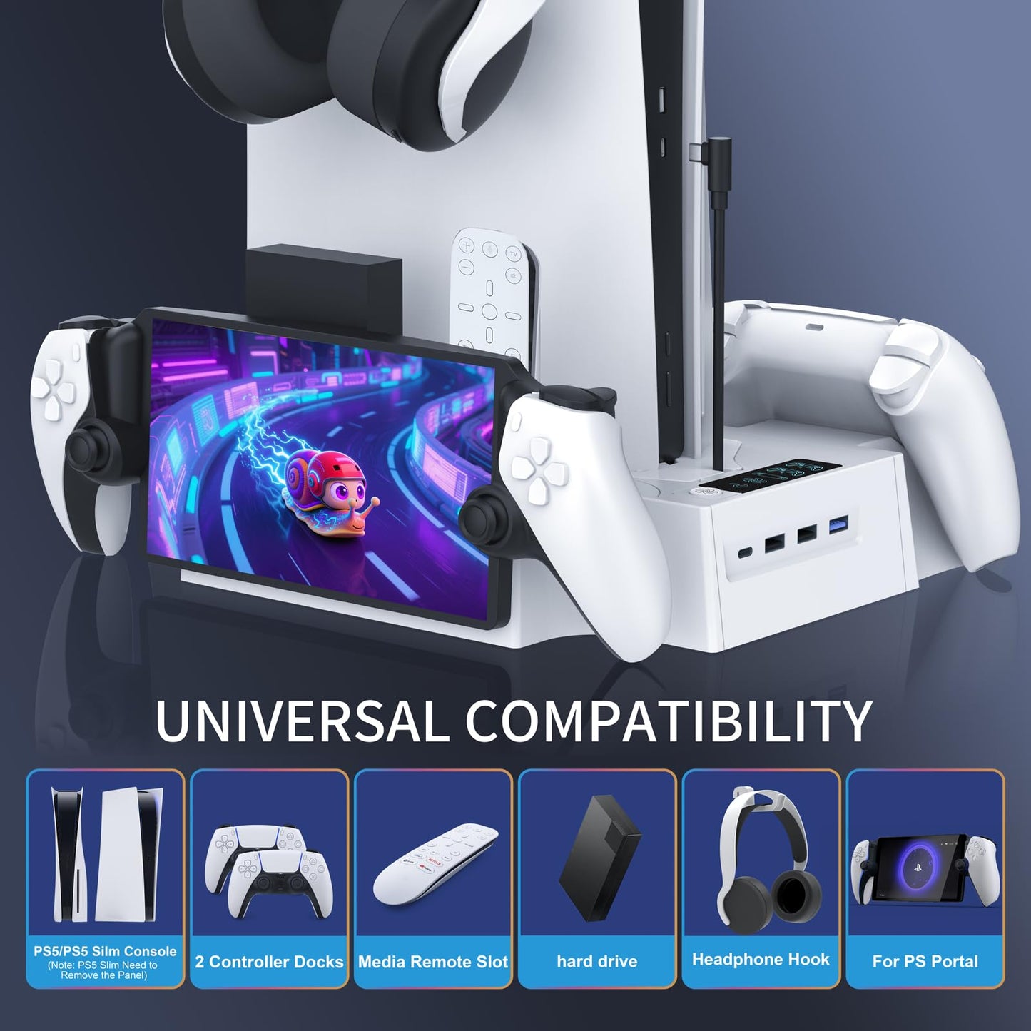 PS5 / PS5 Slim Cooling Station with PlayStation Portal and Controller Charging Station, Cooling Stand for PlayStation 5, PS 5 Portal Charger Dock
