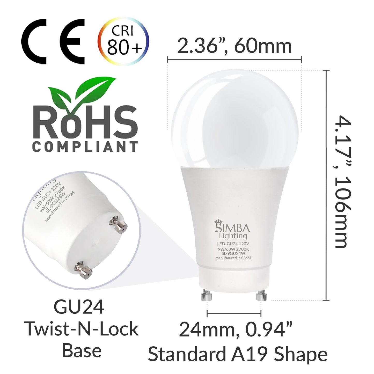 Simba Lighting LED GU24 A19 9W 120V Bulb Twist and Lock Base, 2700K, 4 Pack