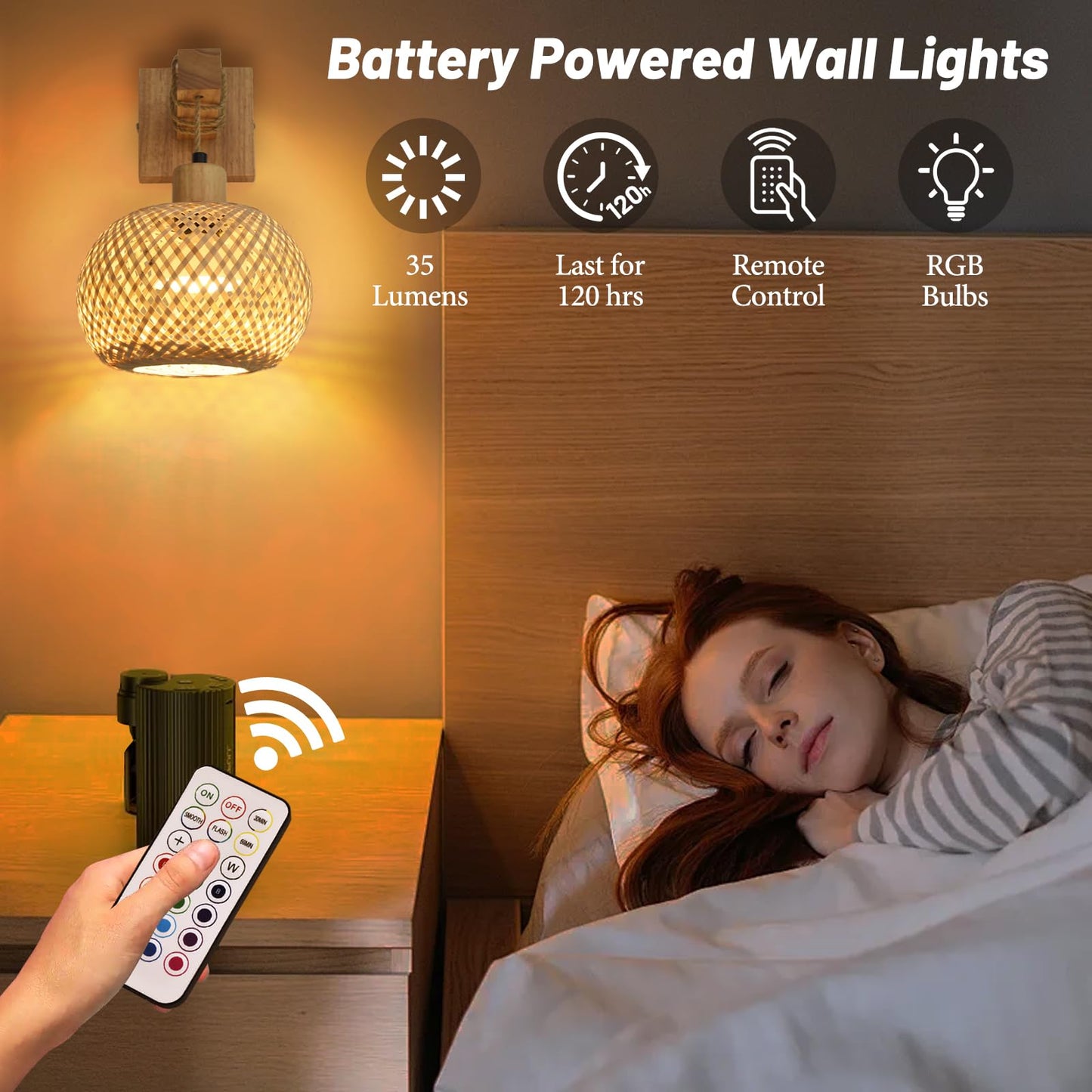 NOVCAND Diameter 7in Boho Battery Operated Wall Sconce Set of Two, Bamboo Cordless Wall Lamp with Remote,Wireless Sconces Set of 2 for Bedroom,Living