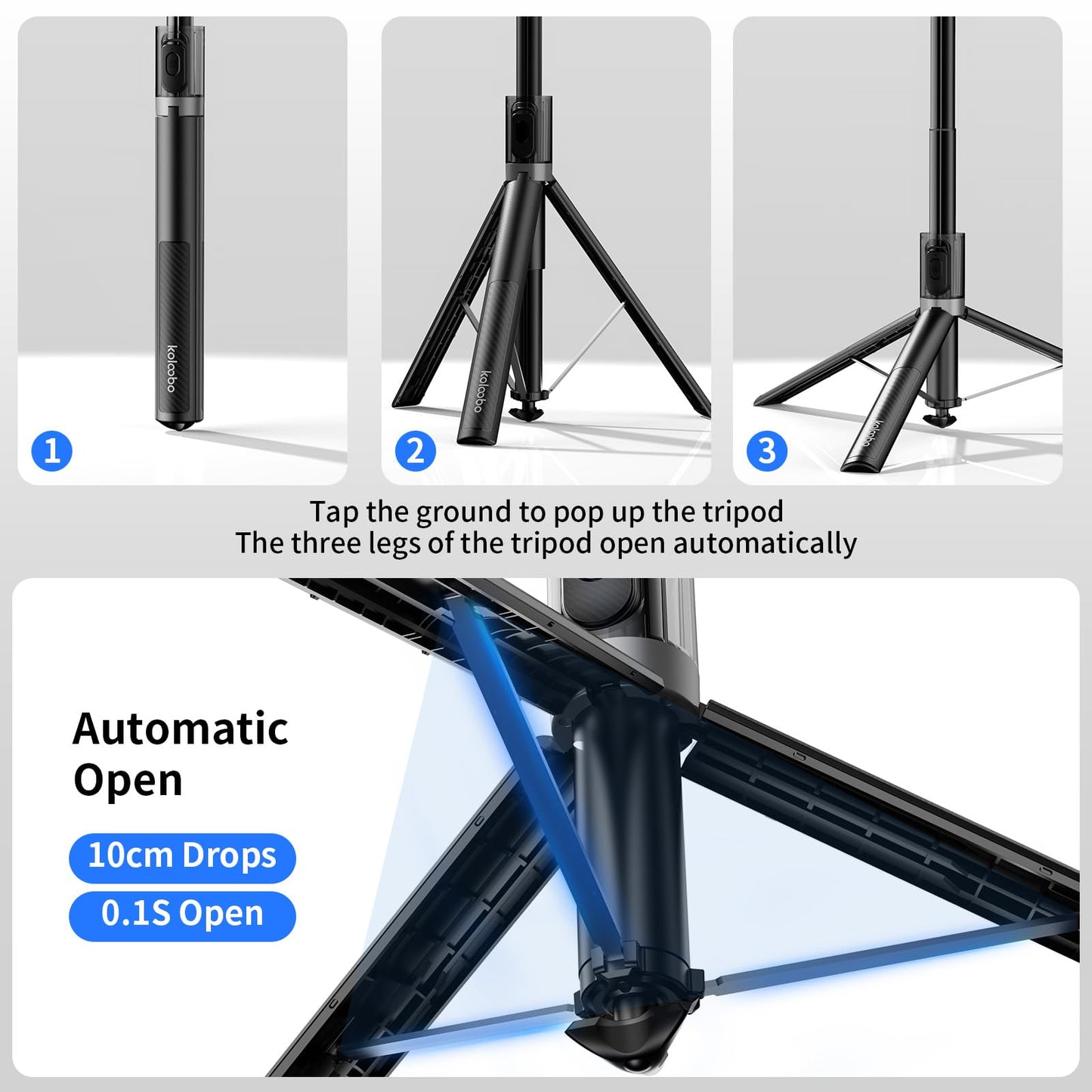 KOLOOBO 67'' Automatic Phone Tripod, Auto-Open Selfie Stick for iPhone with Remote, 360° Rotatable Extendable Phone Stand for Video Recording Vlog