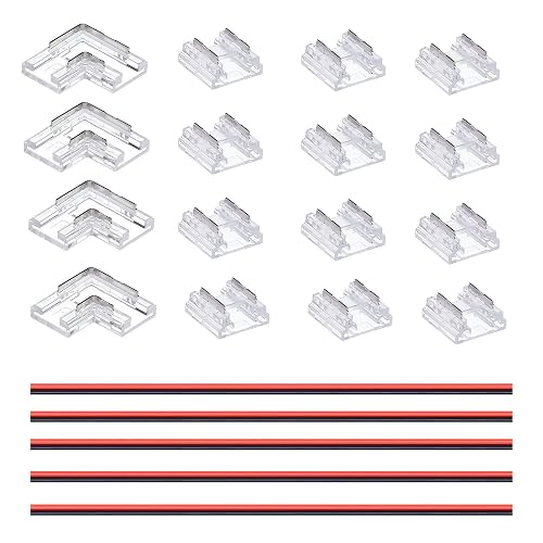 GOMING 2-Pin 0.39in/10mm Board Width COB Connector Kit 12 Transparent Gapless Connectors 4 L-Shaped/Corner Gapless Connectors 5 Extension Wires